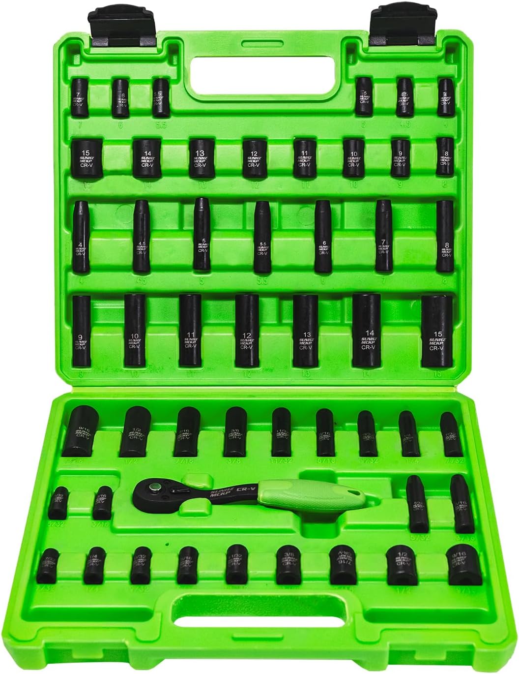 SUNHZMCKP 3/8" Drive Impact Socket Set, 52 Piece Standard SAE (5/16-3/4 inch) and Metric (8-22mm) Shallow & Deep Sockets, Adjustable Ratchet Handle, Extension Bars, Adapters, Universal Joint, CR-V