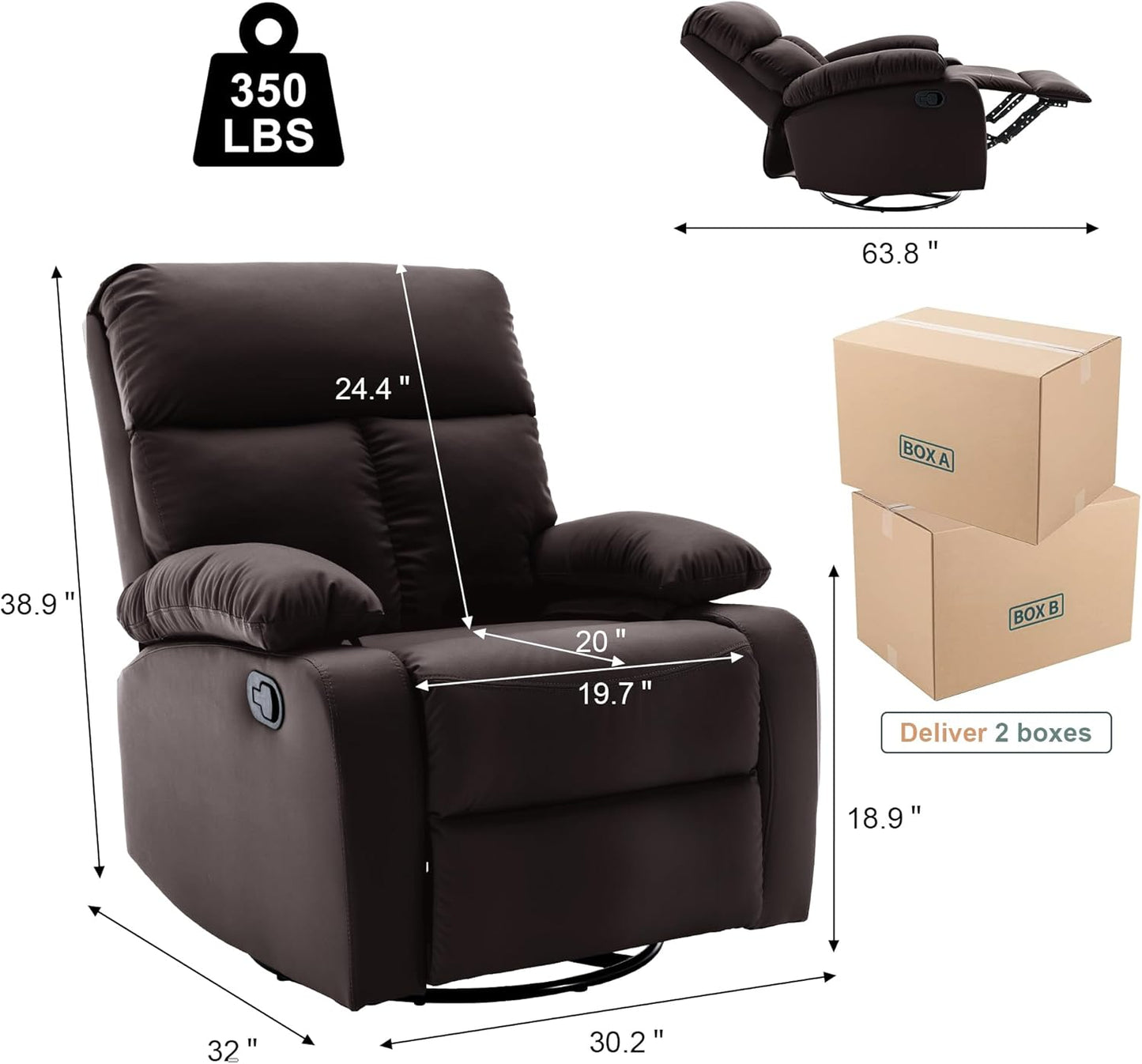 Swivel Rocker Recliner Chair, Small Manual Reclining Chair with Overstuffed Arm and Back, PU Leather Single Sofa Seat for Living Room, Bedroom, Dark Brown