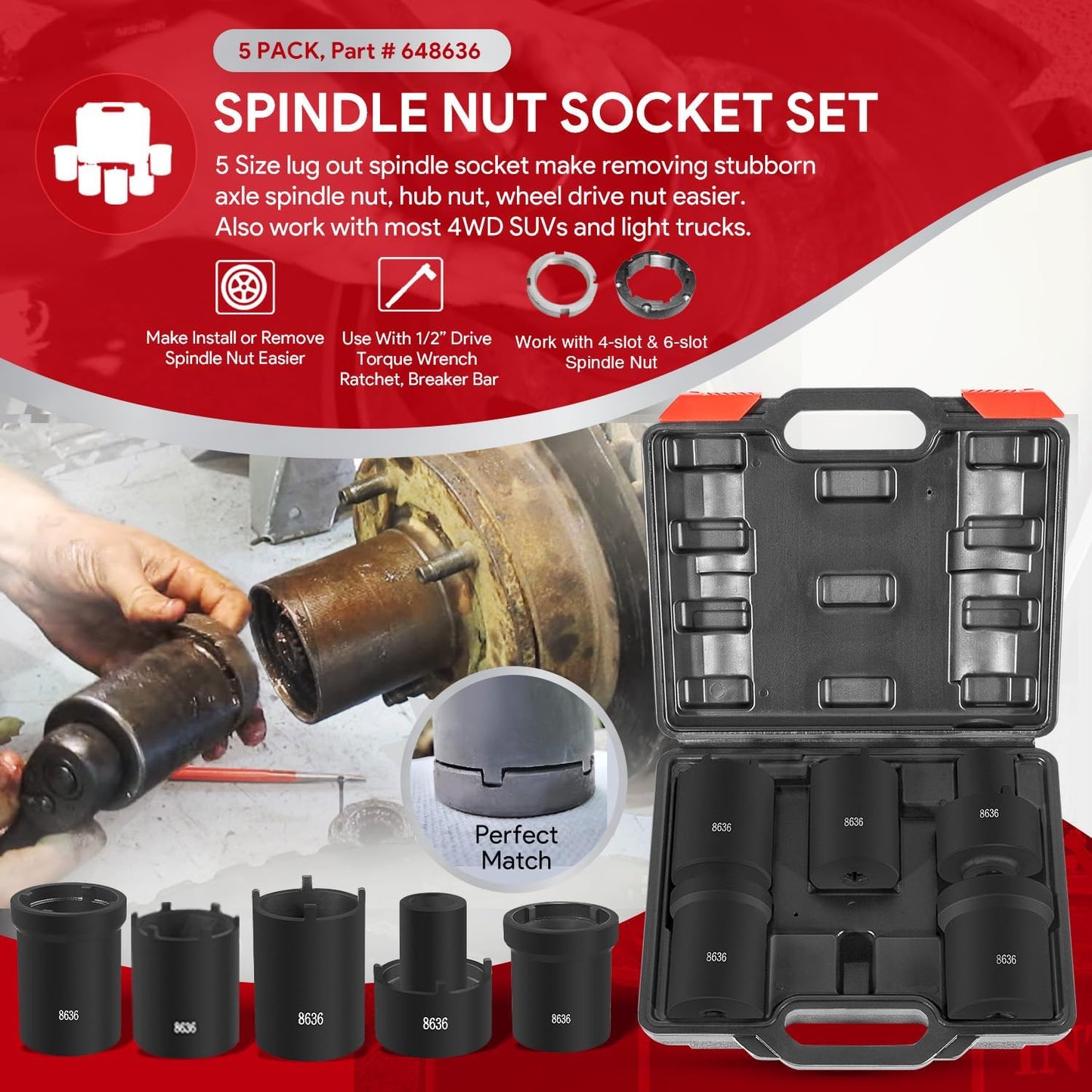 5 Pack Spindle Nut Socket Tool Kit, Axle Hub Lock Nut Socket Remover Installer 1/2” Drive for Ford Dana 50 60, w/Storage Case Replace# 648636, Lug Out Spindle Sockets Set