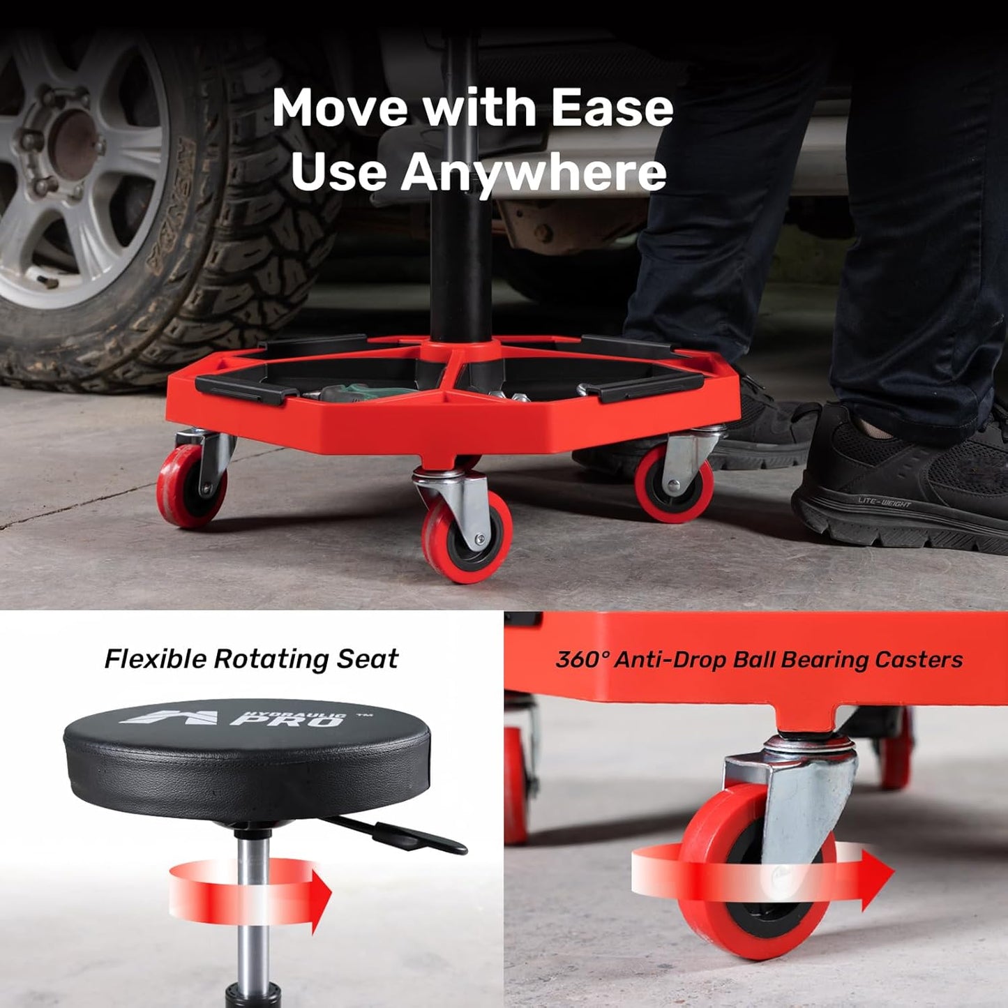 Adjustable Height Rolling Mechanic Stool, 300 LBS Garage Chair on Wheels, Rolling Workshop Stool with Cushioned Seat and Tool Trays, Ideal for Garage, Workshop, and Auto Repair