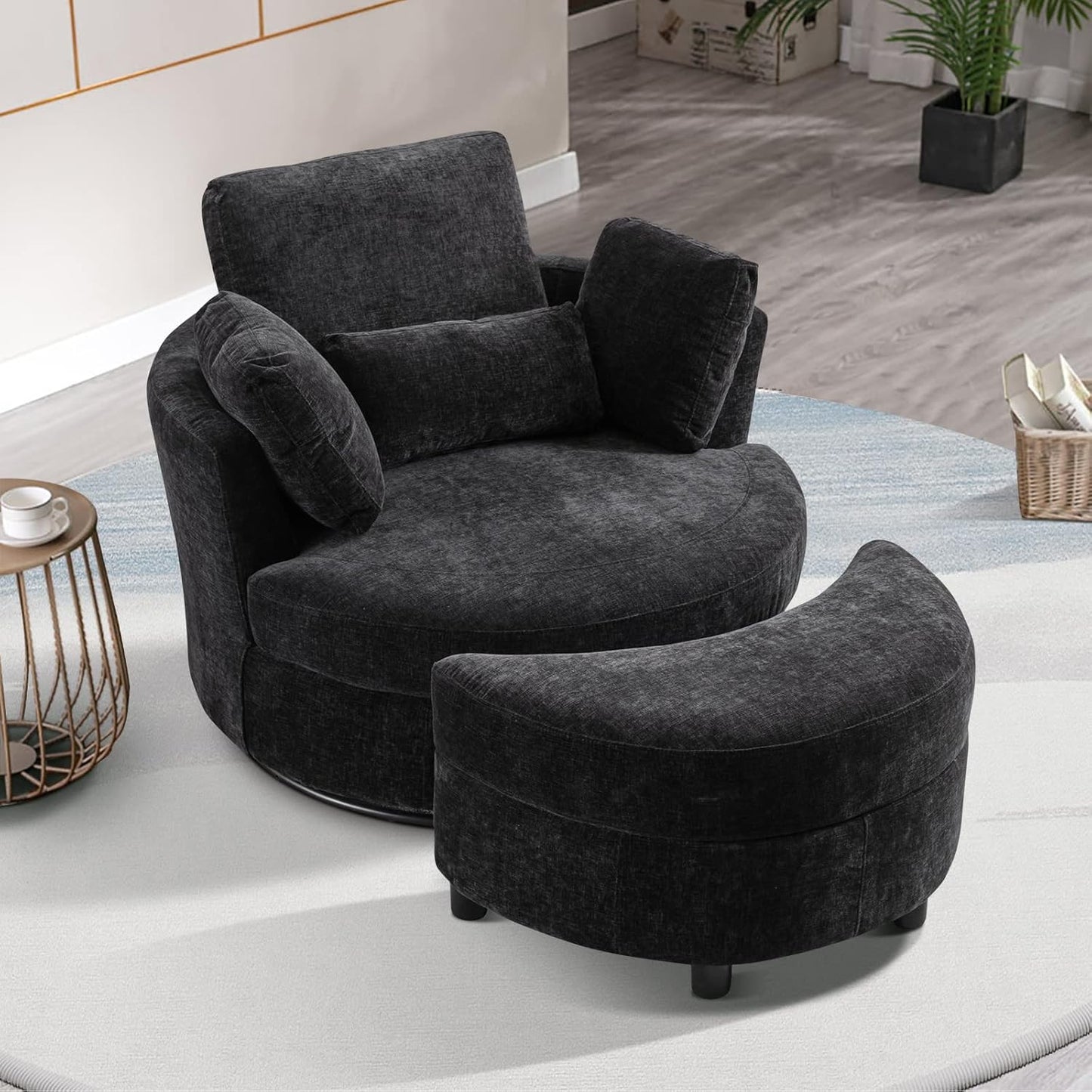 40" W Modern Grey Swivel Barrel Chair with 360° Round Metal Base & Plush Corduroy Pillows & Thick Cushion, Comfy Large Accent Chaise Longue for Living Room, Bedroom Club Reading Armchair (Gray)