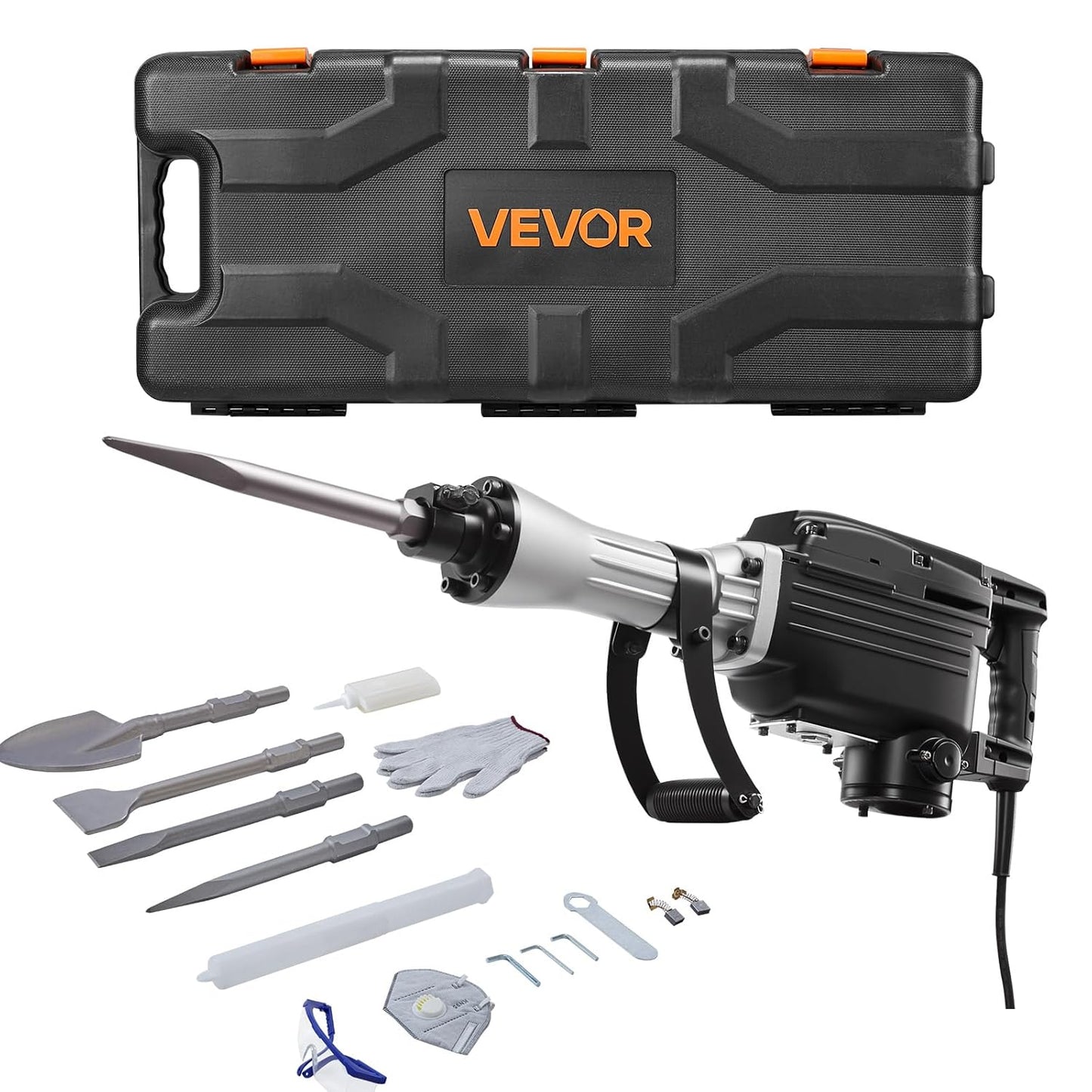 VEVOR Demolition Jack Hammer, 1350 BPM Concrete Breaker 6pcs Chisels Bit Chipping with Case, 2200W Electric Jackhammer Heavy Duty, Black