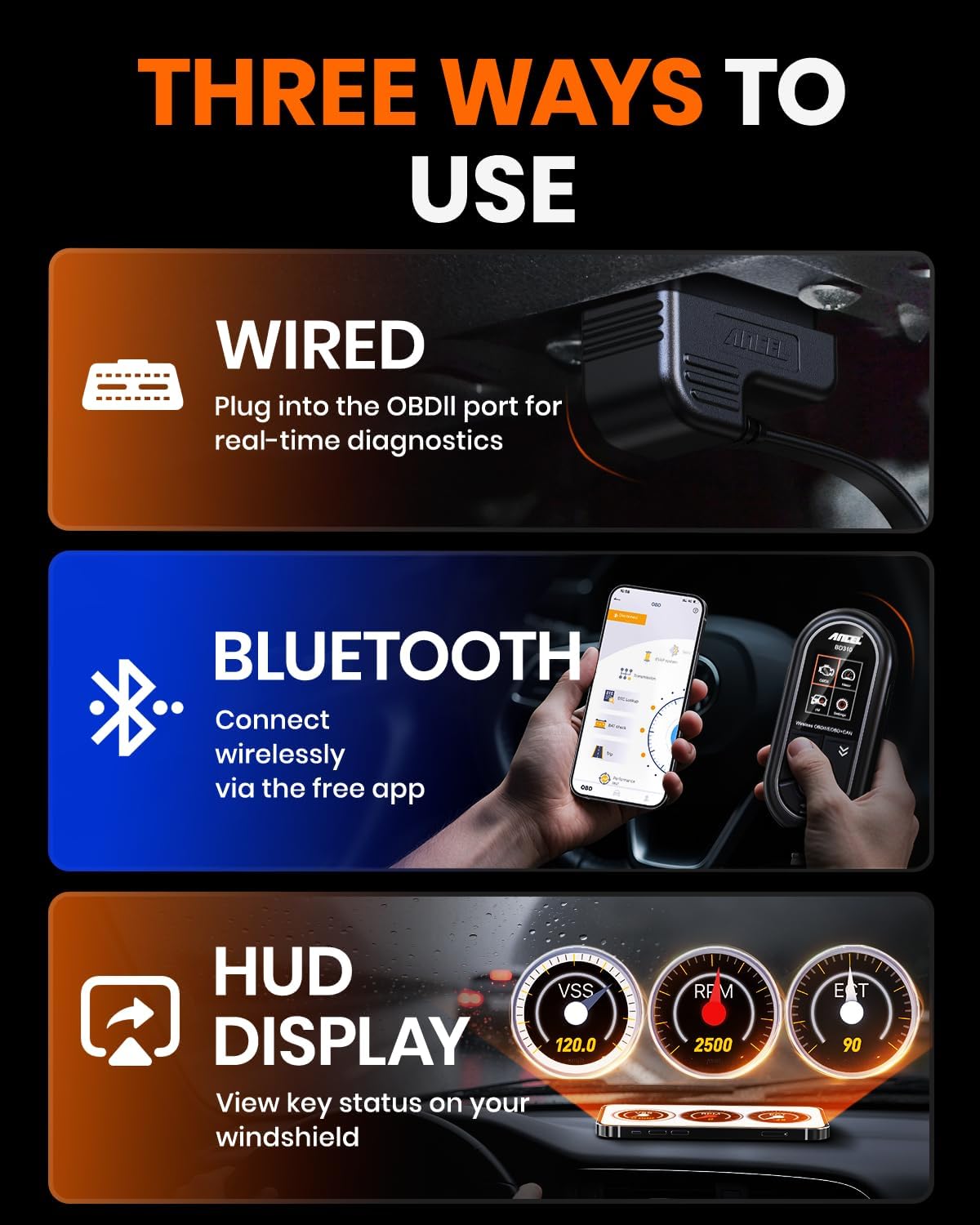 ANCEL BD310 OBD2 Scanner Diagnostic Tool - 3 in 1 OBD2 Scanner Bluetooth - App Based OBDII Scan Tool for Android & iPhone - Check Engine Light Code Reader - Wired, Bluetooth, and Heads-up Display