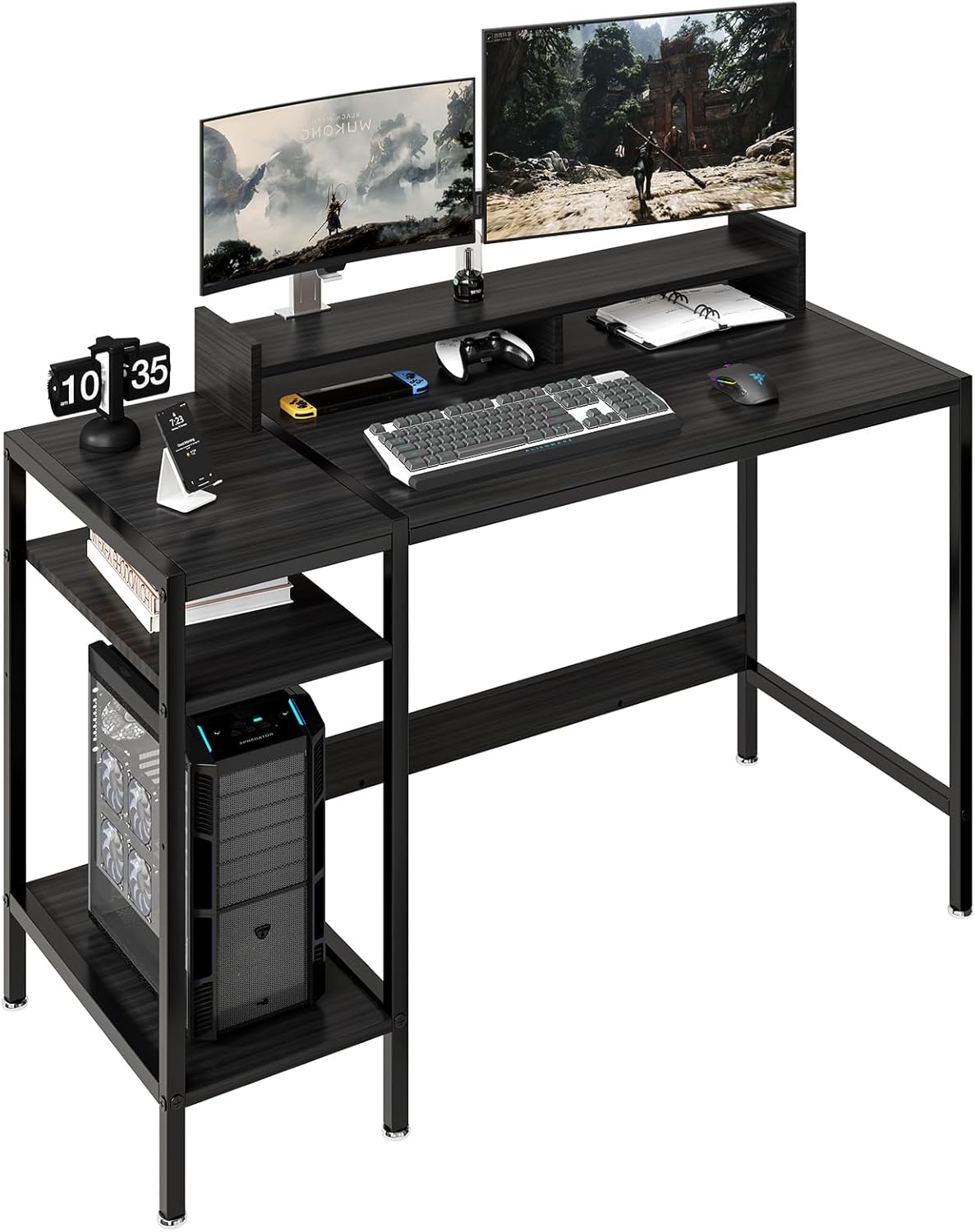 55 inch Grey Computer Desk Gaming Desk with Monitor Stand, Home Office Desk for 2 Monitors, Writing Desk with Adjustable Storage Space,Sturdy and Durable Modern Small Desk
