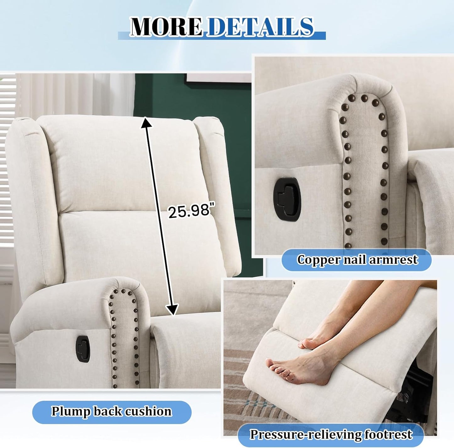 Antetek Swivel Rocking Recliner Chair, Velvet Nursery Glider Chair with Footrest/High Back, Manual Wingback Upholstered Nursery Rocking Chairs for Living Room, Nursery, Bedroom, Ivory