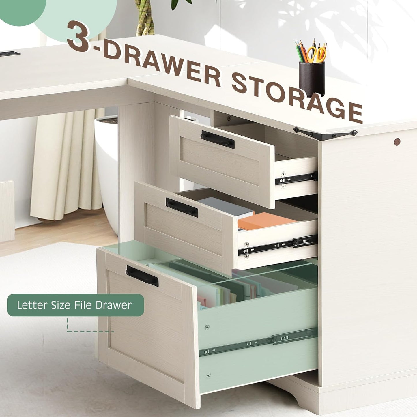 TITIMO 60" Executive L Shaped Desk with Drawers, Farmhouse Home Office Desk with Charging Station, Wood Corner Computer Desk with File Cabinet, Writing Computer Desk for Work and Study (Light Gray)