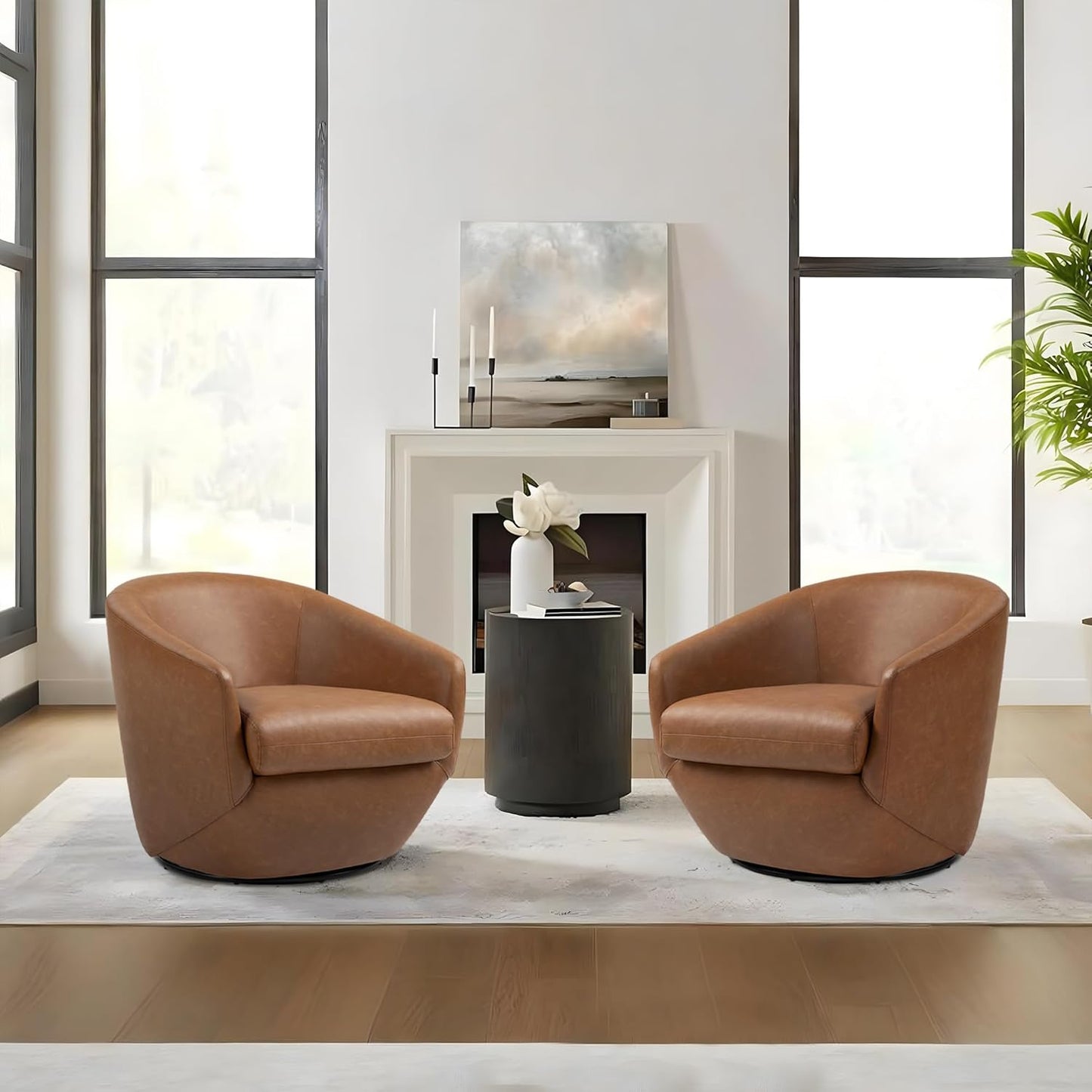 Swivel Barrel Chair, Modern Round PU Leather Accent Armchair for Living Room, Bedroom, Oversized Comfy Club Reading Chairs for Adults (Leather Red Brown, Set of 1)