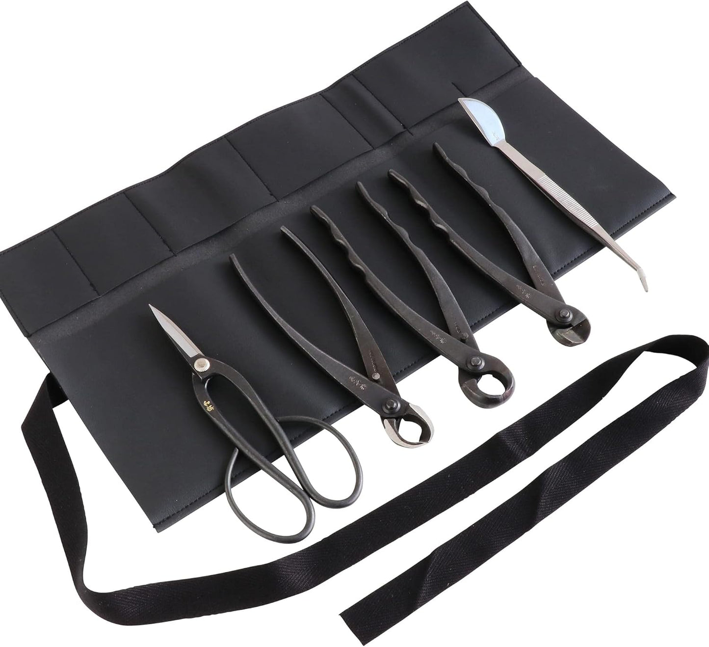 Wazakura Made in Japan 5PCS Bonsai Tool Kit with Roll Bag: Yasugi Steel Satsuki Bonsai Scissors, Concave Branch Cutter, Knob Cutter, Wire Cutter, Tweezers - 5 Tools Satsuki Set with Case