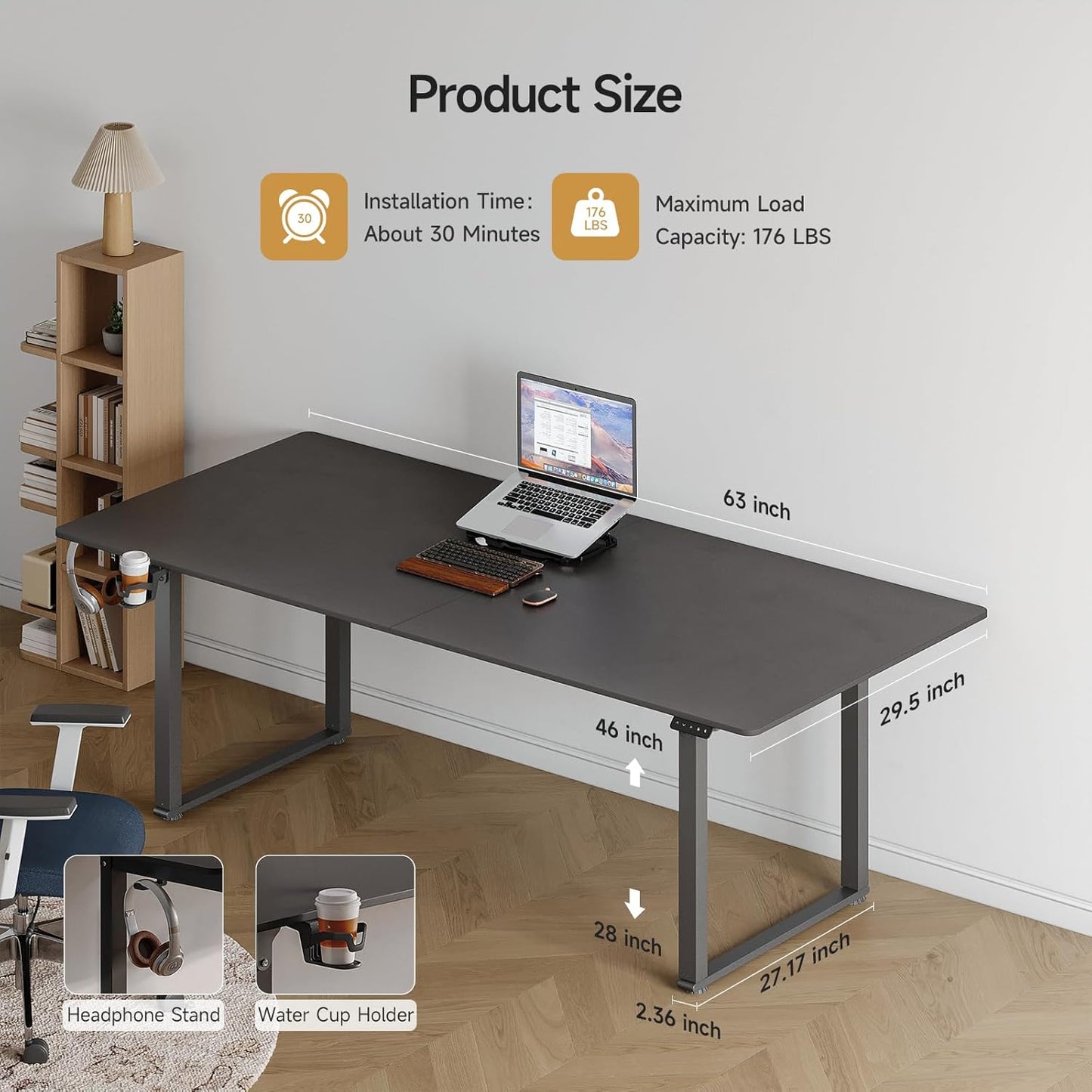 Standing Desk, 63x30 Inches Rectangle Stand Up Desk with 4 Legs, Dual Motor and Memory Controller, Adjustable Height from 28-46 Inches for Home and Computer Workstation, Black