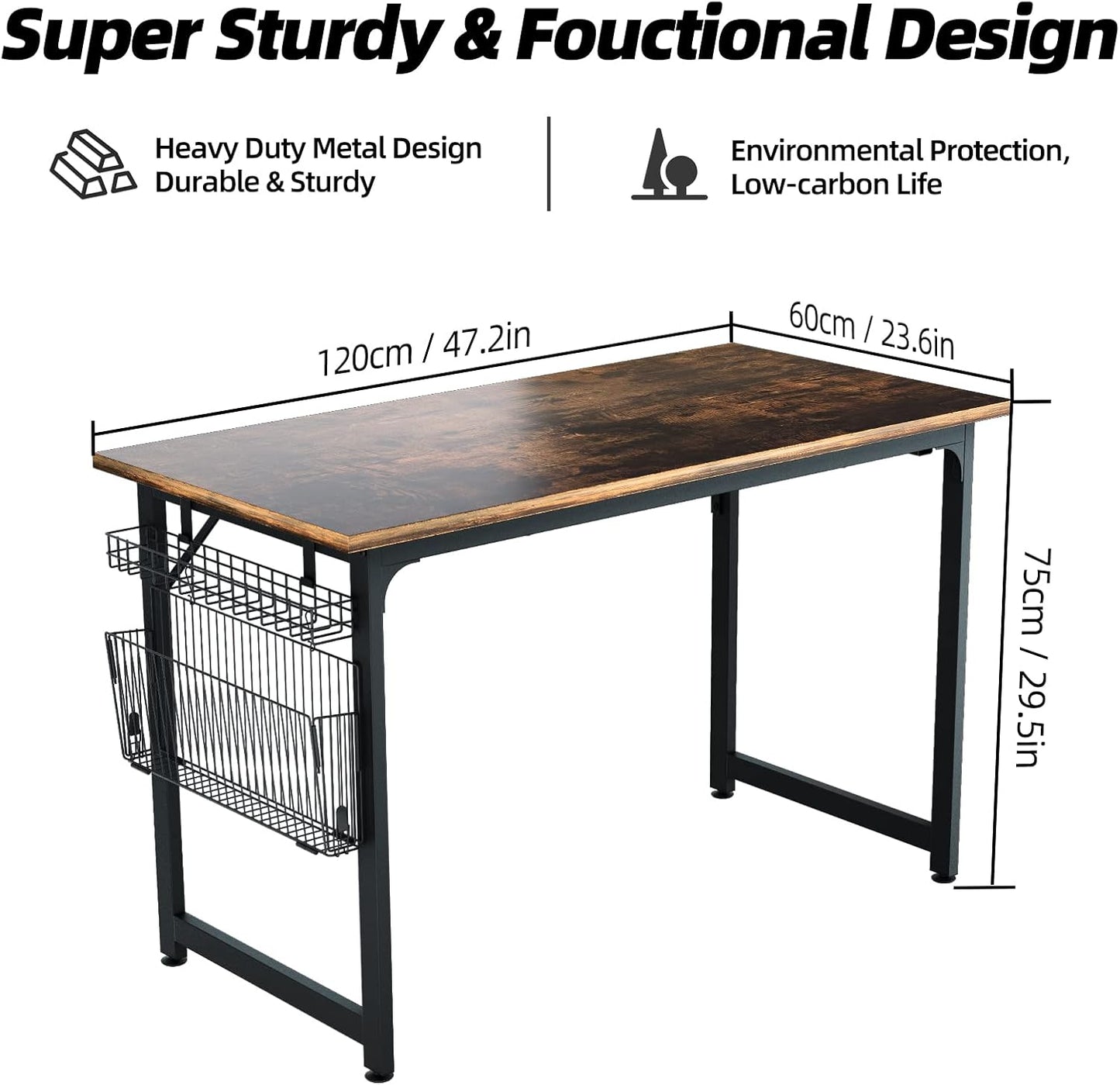 ASTARTH Study Computer Desk-47 Inch Home Office Desk, Wood Storage Table, Modern Writing Style Laptop Table, Black Metal Frame, PC Table with Storage Basket and Headphone Hooks, Rustic Brown, Vintage