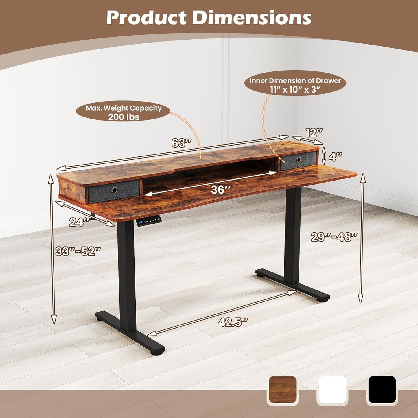 Tangkula 63" x 24" Standing Desk with Drawers, Electric Stand-up Desk with Monitor Stand, Side Hooks, 3 Memory Heights, Anti-Collision Design, Height Adjustable Sit Stand Desk for Home Office
