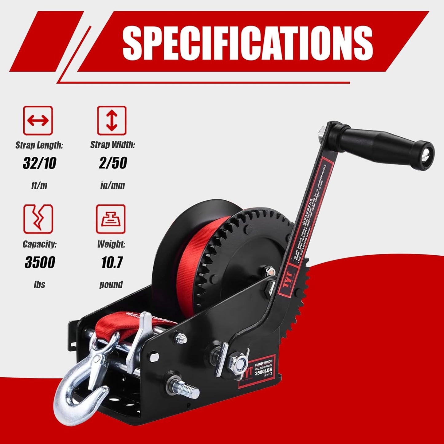 TYT 3500LB Boat Trailer Strap Winch with 10M Red Strap, Sturdy Long-Lasting Gear Hand Crank Winch, Operated Two Way Ratchet Manual Winches for Towing Pulley Boat Trailer Truck RV Jet Ski Marine Winch