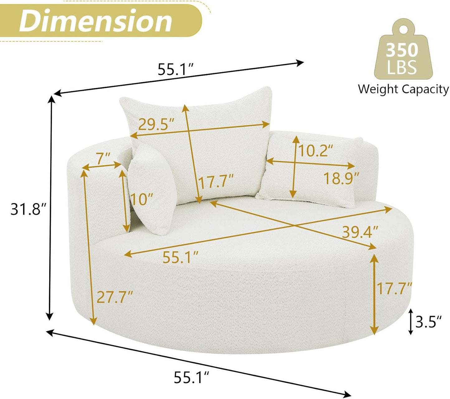 55" Oversized Round Swivel Chaise Longue Chair Indoor, Modern 360 Degree Swivel Upholstered Chenille Deep Seat Circle Comfy Single Cloud Sofa Chair for Living Room Bedroom Apartment Office, Beige