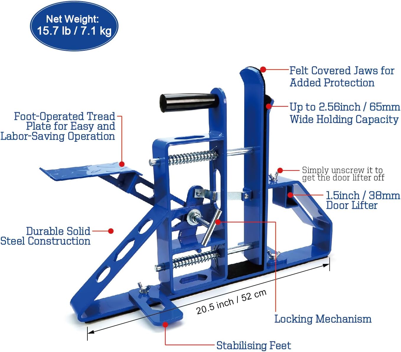 AUCO A002P Hands Free Solid Steel Door Clamp, Door Installation Stand, Professional Door Jig, Door & Timber Panel Vice Clamp with Foot-Operated Door Lifter for Carpenters Blue