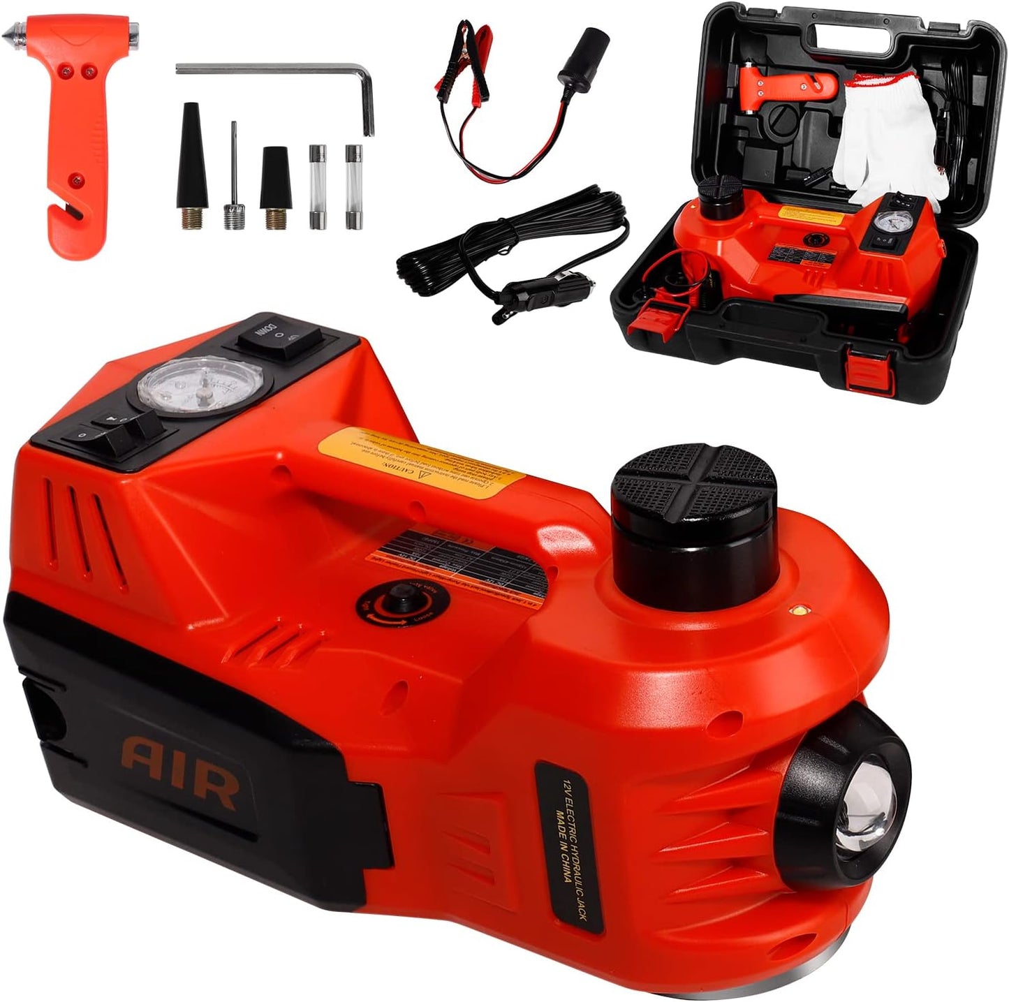 TYAYT 5 Ton Electric Hydraulic Car Jack Kit, Portable with LED Light, Compatible with Car, SUV, Truck, Lifting Range 6-17.7 Inches (Red)