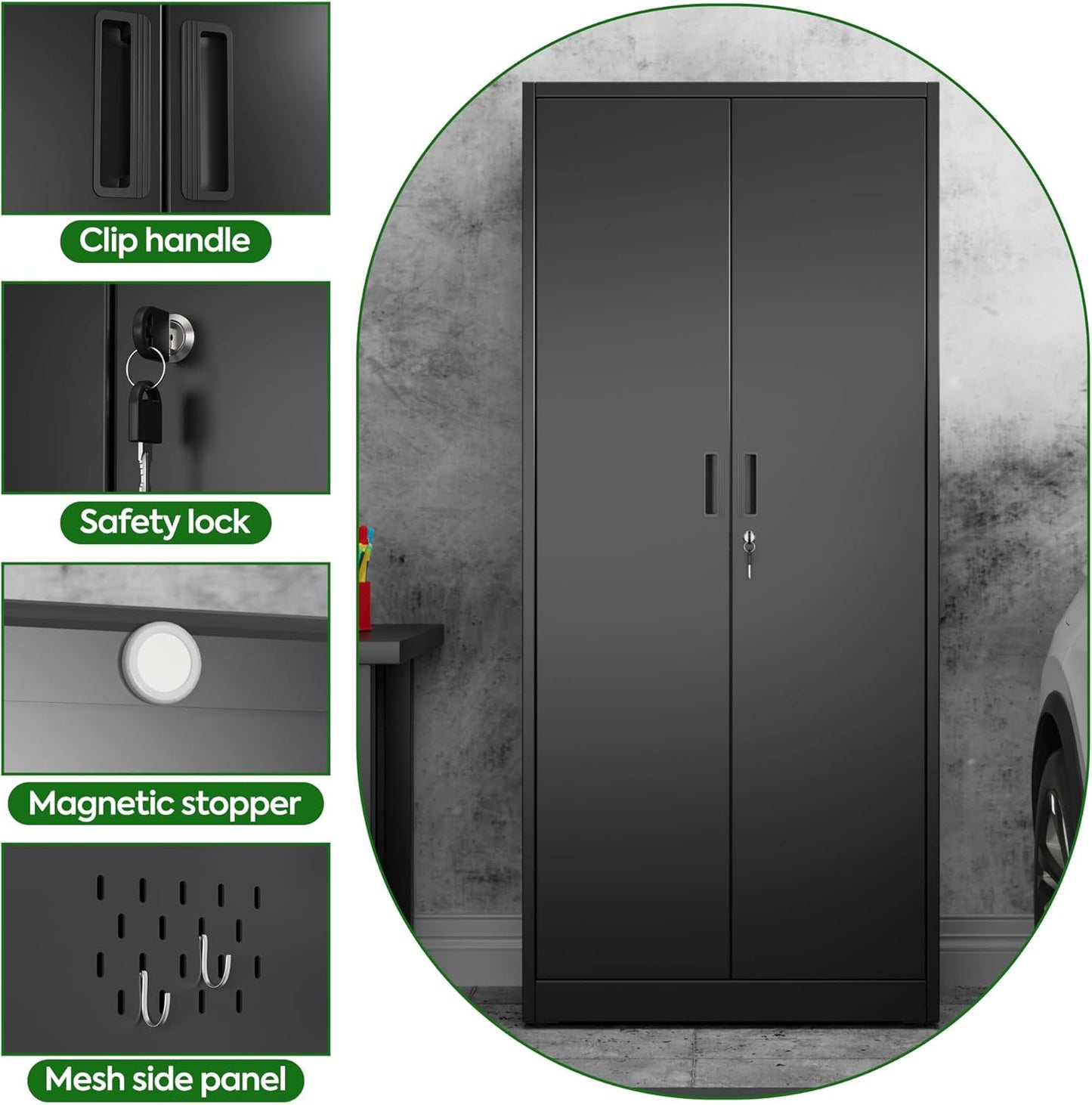 Aobabo Black Metal Cleaning Tool Storage Cabinet with Lockable Door with Keys, 71.41" H×31.53" W×15.74" D, Adjustable Shelves, Pegboard, 13 Hooks, Broom Closet Storage Cabinet for Janitorial Supplies