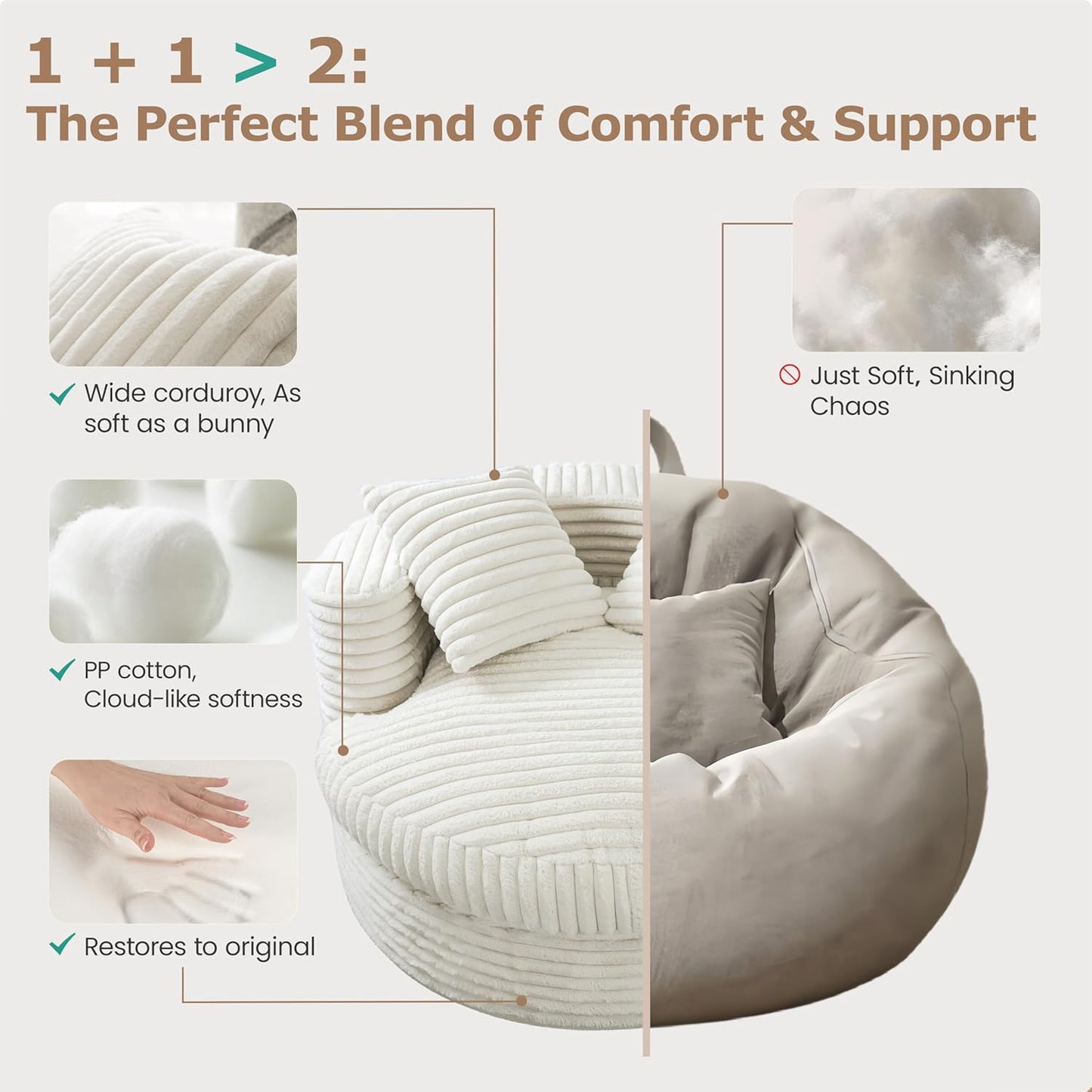 47" Round Chaise Lounge Chair Indoor for Adults, Corduroy Boneless Oversized Chair for Living Room Comfy Bean Bag Sofa