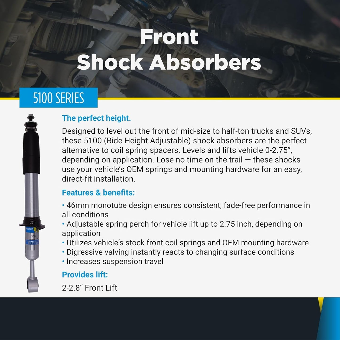 Bilstein Set of Front & Rear 5100 Ride Height Adjustable Shocks fits 2011-2018 Ram 1500 4WD with 0-1" Rear Lift w/o Air Suspension | Provides 0-2.8" Front Lift | Includes TrendsAuto Decal