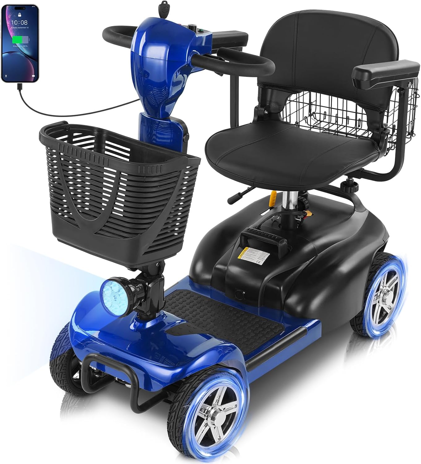 15/30 Miles 4 Wheels Mobility Scooter for Adults&Seniors Up to 300LBS, 350W Electric Powered Wheelchair Device w/Extended Battery, Dual Baskets, Rotating Seat, USB Charging