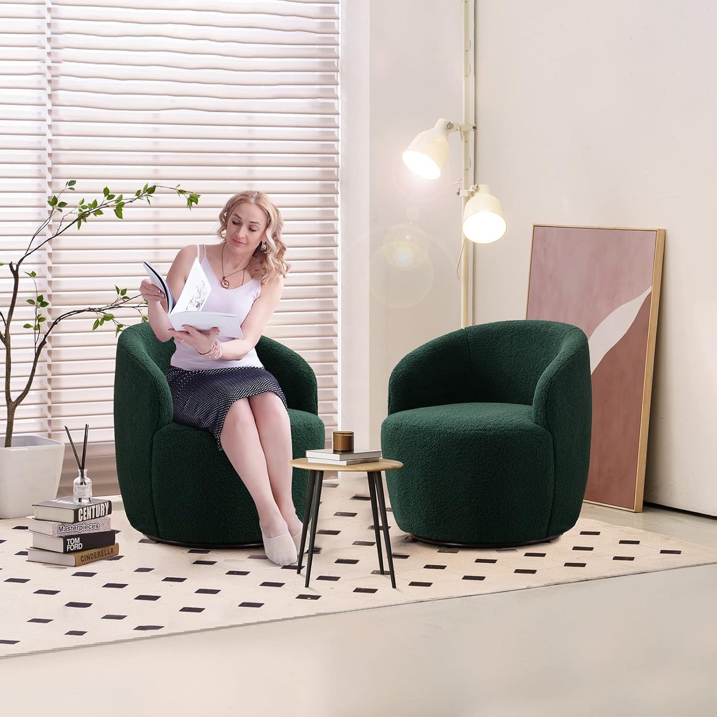 Antetek 2 Units Swivel Chair, Round Accent Sofa Chair, Club 360 Degree Swivel Barrel Chair, Modern Teddy Farbic Leisure Arm Chair for Nursery, Living Room, Hotel, Bedroom, Office, Lounge, Ivory