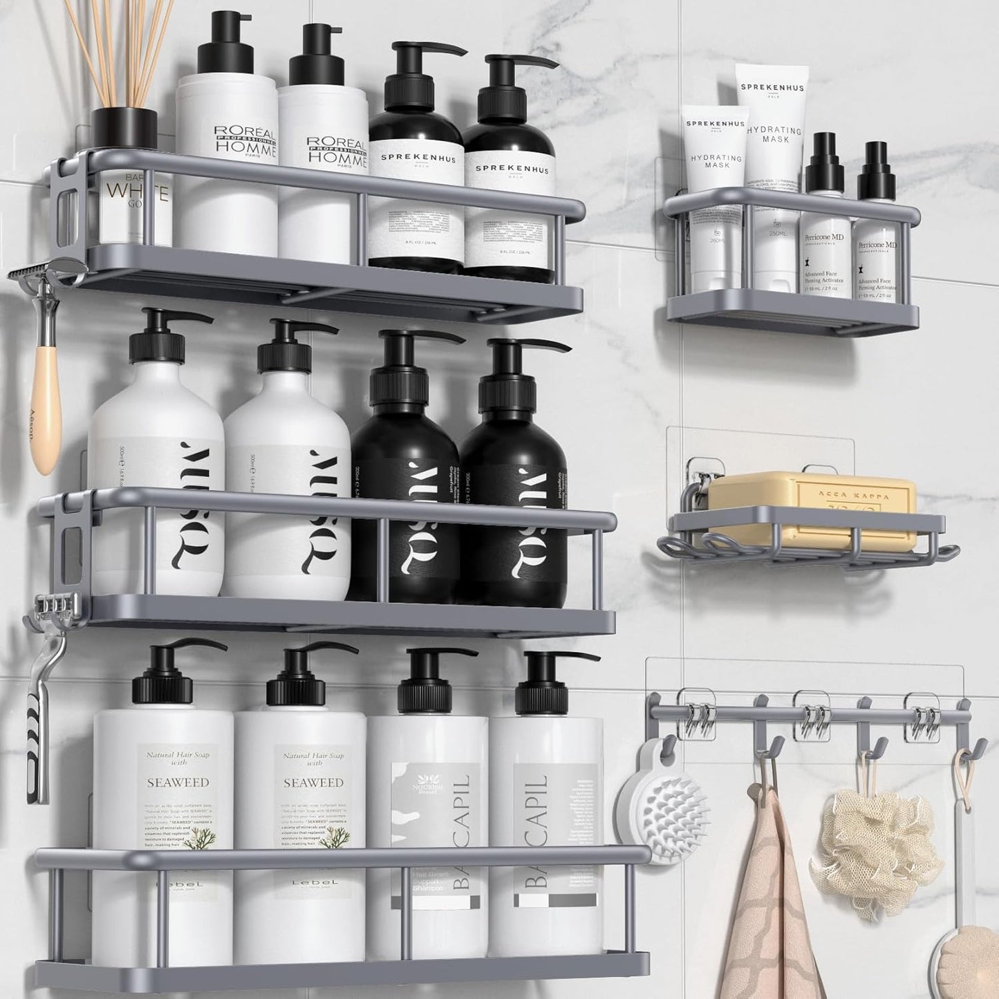 YASONIC Shower Caddy, 100% Rustproof Shelves for Inside Shower, No Drilling Bathroom Organizers and Storage, 6 Pack Large Capacity Bathroom Caddy for Kitchen & Home Decor