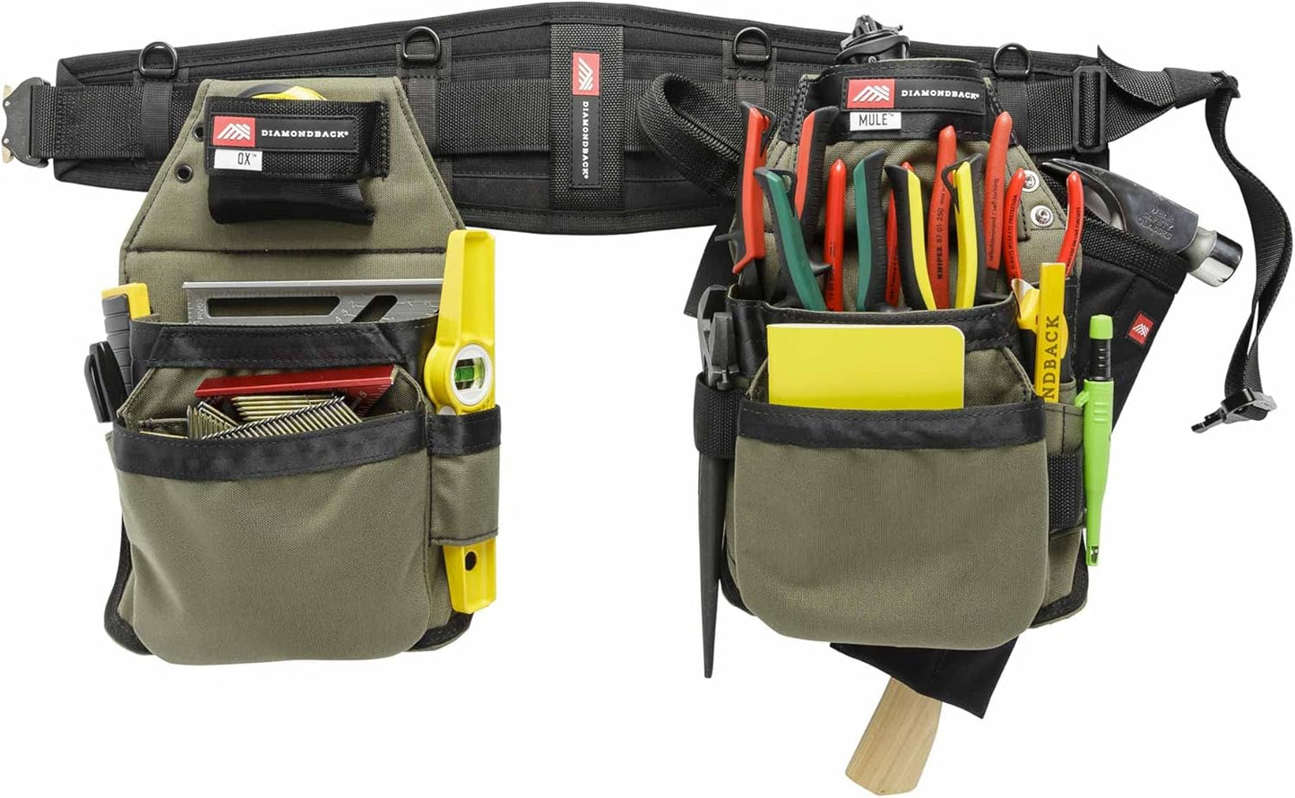 The Diamondback GRRande 2.0 Toolbelt System, Right Handed, Ranger Green, Medium | For Carpenter Framer Roofer | Padded 5 pockets, 13 slots, 2 loops | Holds Drill Bits, Speed Square, Measuring Tape