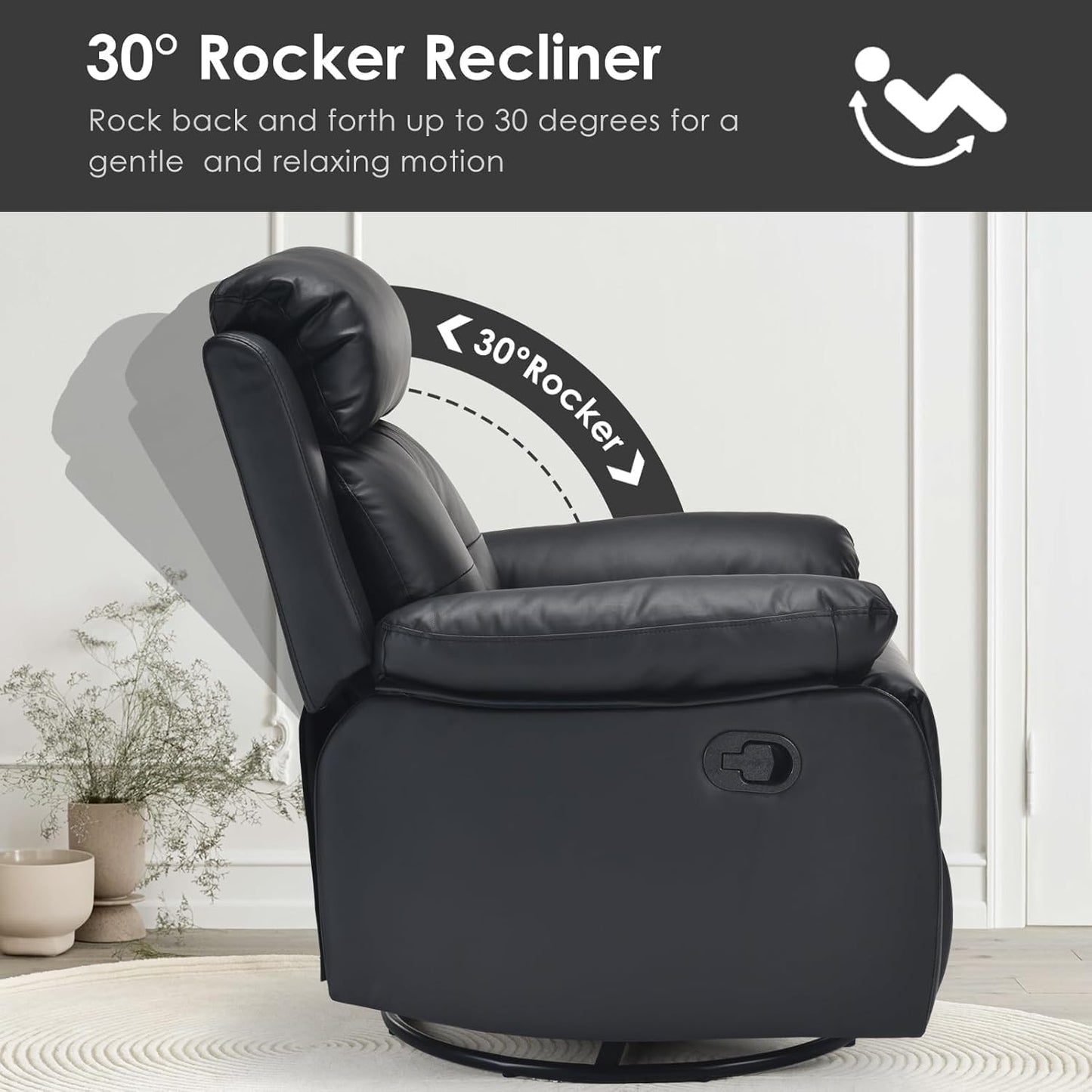 Swivel Rocker Recliner with 360 Degree Swivel, Small Recliners with 30 Degree, 90-150 Degree Angle, Faux Leather Lift Chair for Home Theater Seating, Adults, Living Room, Bedroom, Black