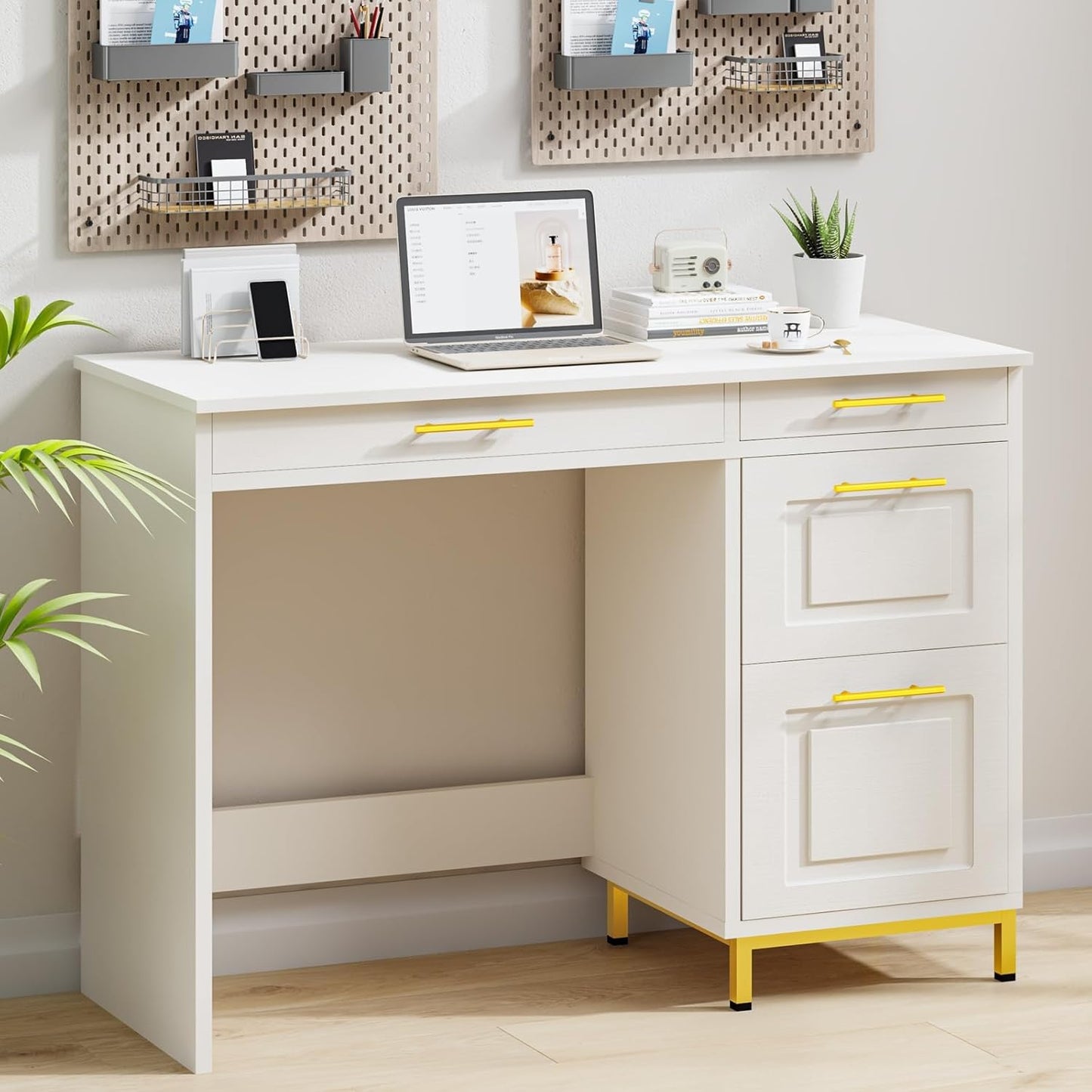 4 EVER WINNER Computer Desk with Drawers, 43 Inch Small Desk with Storage Shelves, Home Office Desk with Drawers for Small Space, Black