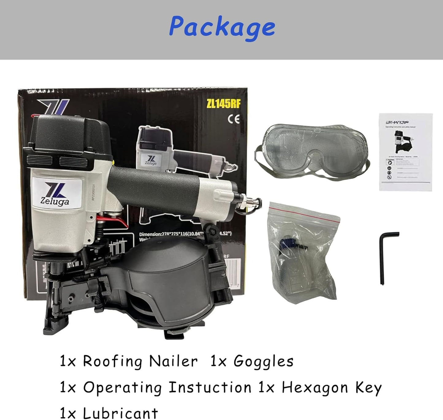 28-145 Pneumatic 15 Degree Coil Roofing Nailer with 120 PCS Load Capacity Coil Nailer Kit with Eye Protection and Repair Kit
