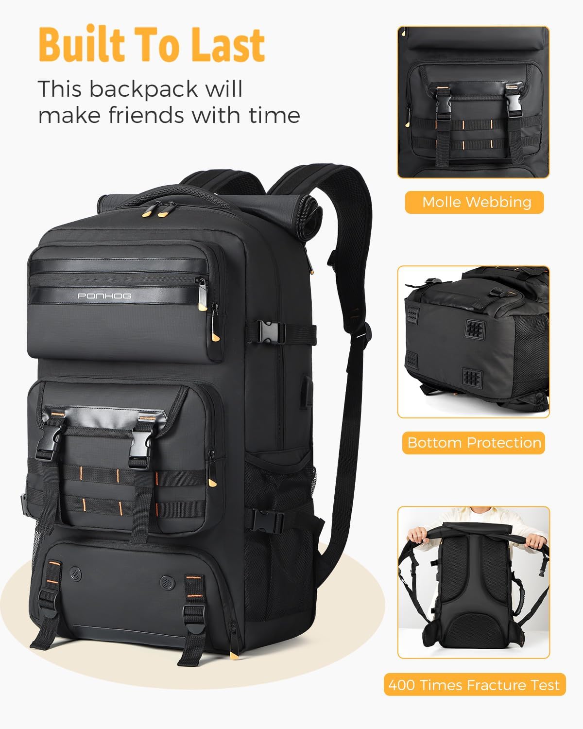 Travel Backpack for Men, 50L Carry On Flight Approved Convertible Duffle Bag with Shoe Compartment, 17 inch Laptop Luggage with USB Charging Port for Weekender Hiking, Black
