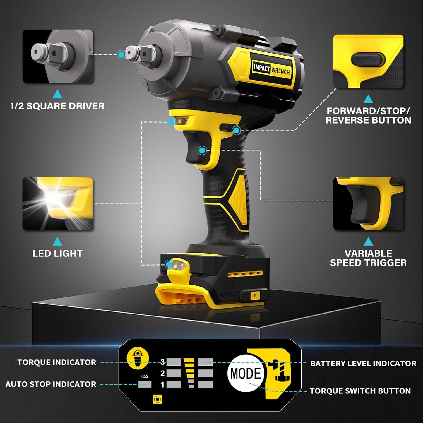 1200N.m Impact Wrench for DeWalt 20V Battery (no battery), 20V 1/2” Cordless Impact Gun, 900Ft-lbs Electric Impact Driver with 3-Speed Control, 6 Pcs Impact Sockets Included, Tool Only