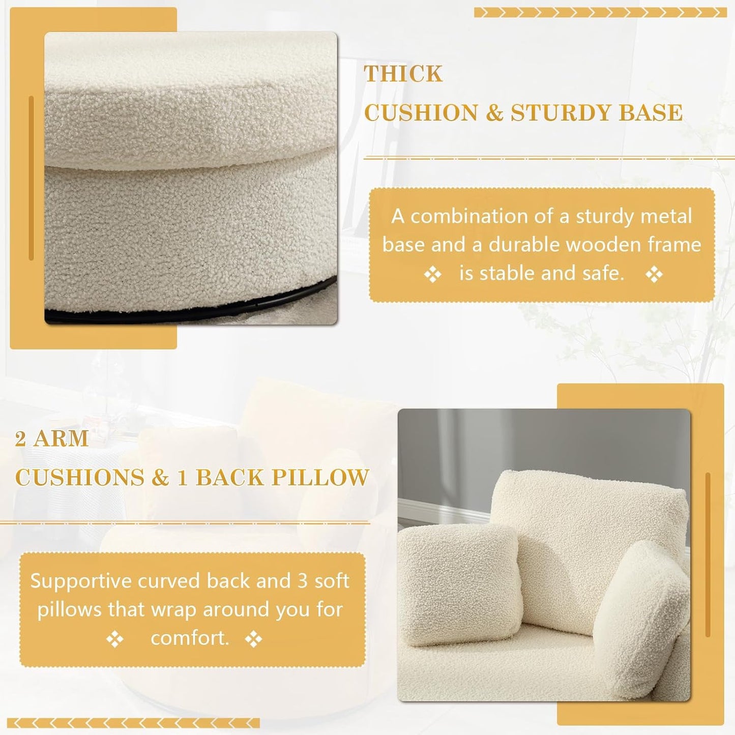Swivel Barrel Chair Set of 2, Modern Fabric Oversized 360 Degree Club Accent Arm Chairs, Single Round Living Room Sofa Chair w/ 3 Pillows for Nursery, Bedroom, Reading, Office, Ivory