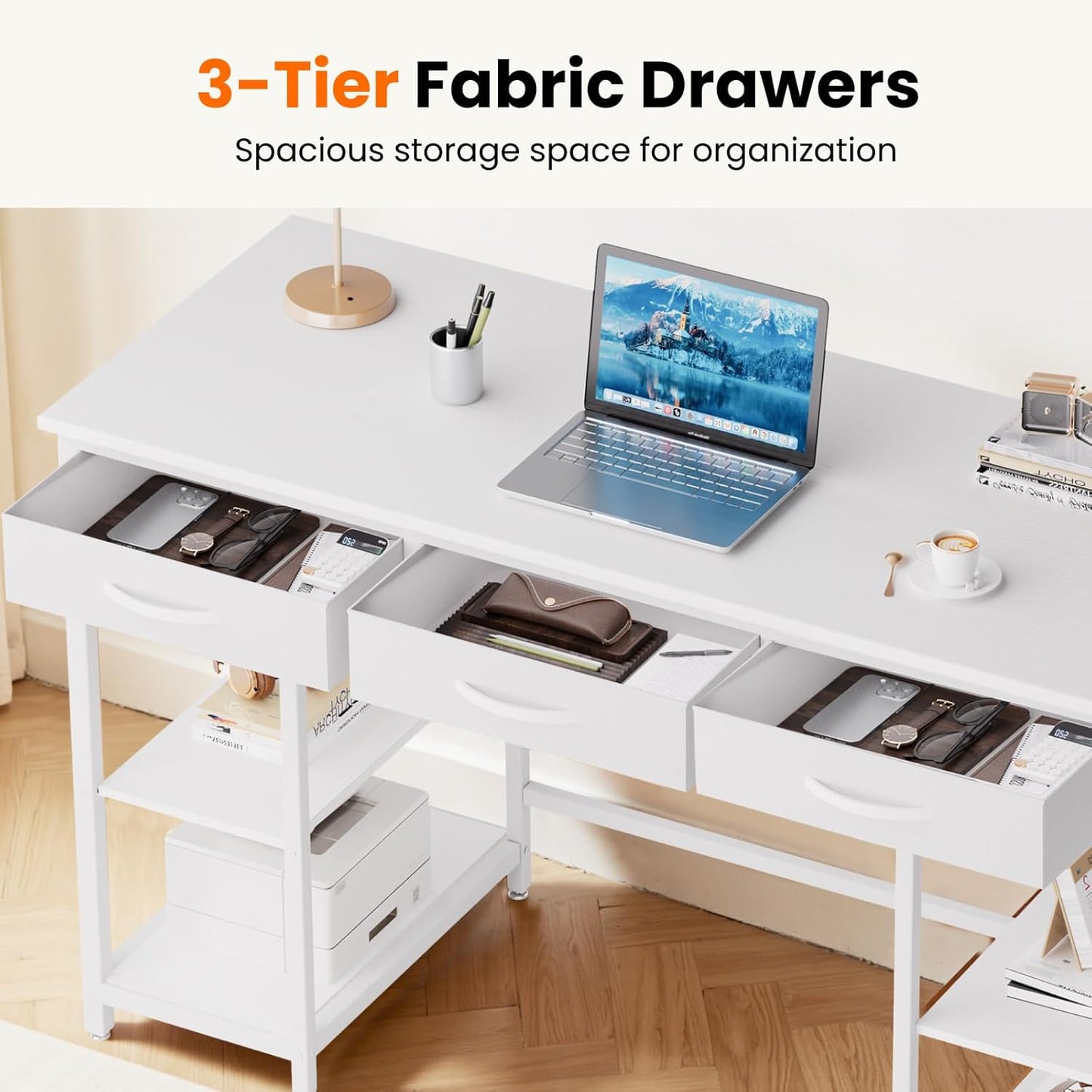 47-inch Computer Desk with 3 Drawers, Small Home Office Desk with Storage Shelves and Sturdy Metal Frame, White