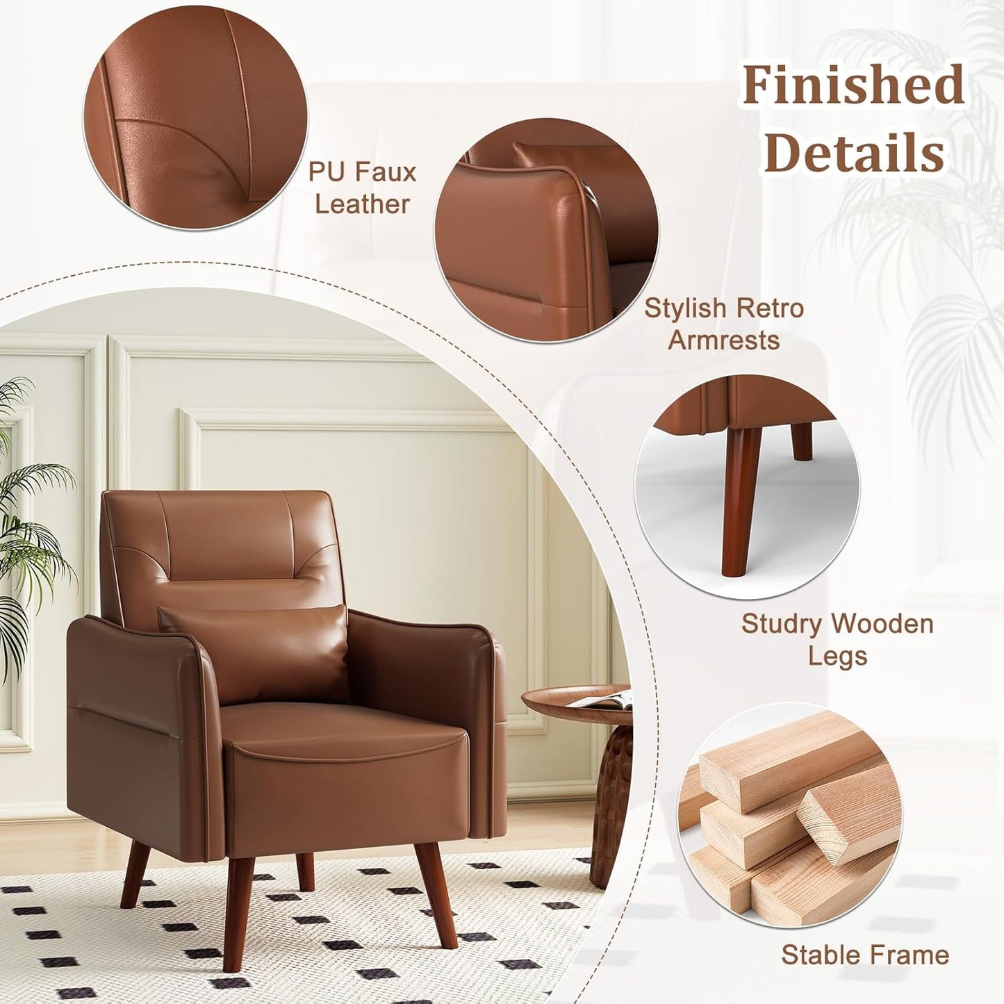 Bonzy Home Mid-Century Modern Faux Leather Accent Chair Set of 2 for Living Room,Upholstered Armchair with Pillow and Solid Wood Legs, Comfortable Lounge Chair for Bedroom or Office,Brown