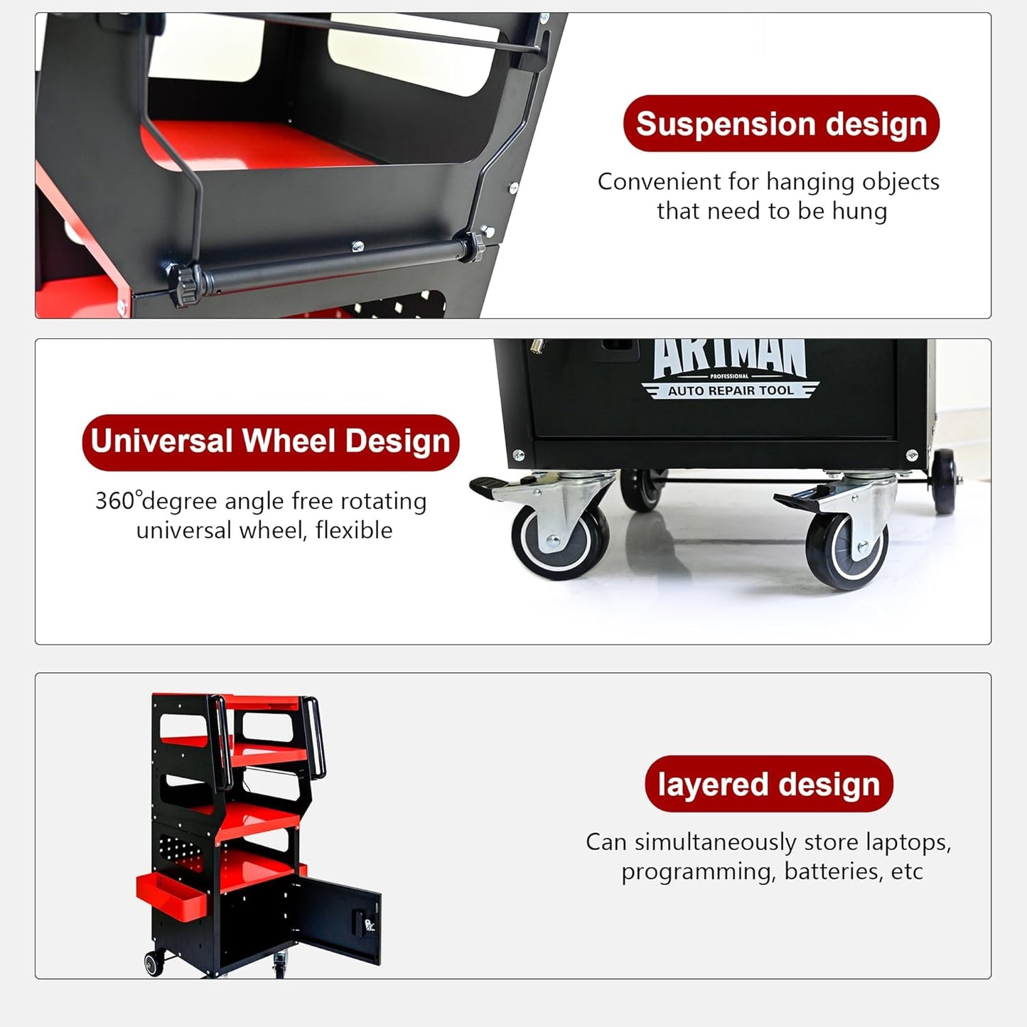 4-Tier 1-Cabinet Tool Cart on Wheels, Multifunctional Rolling Tool Chest Tool Storage with Key Lock and Handle, Rolling Tool Trolley Organizer Tool Case for Workshop, Diagnostics(Black+Red)