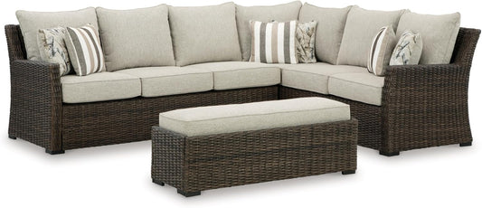 Signature Design by Ashley Brook Ranch Casual Weather Resistant Right Hand Facing Outdoor Sofa Sectional/Bench with Cushion and 6 Throw Pillows, Set of 3, Beige & Dark Brown