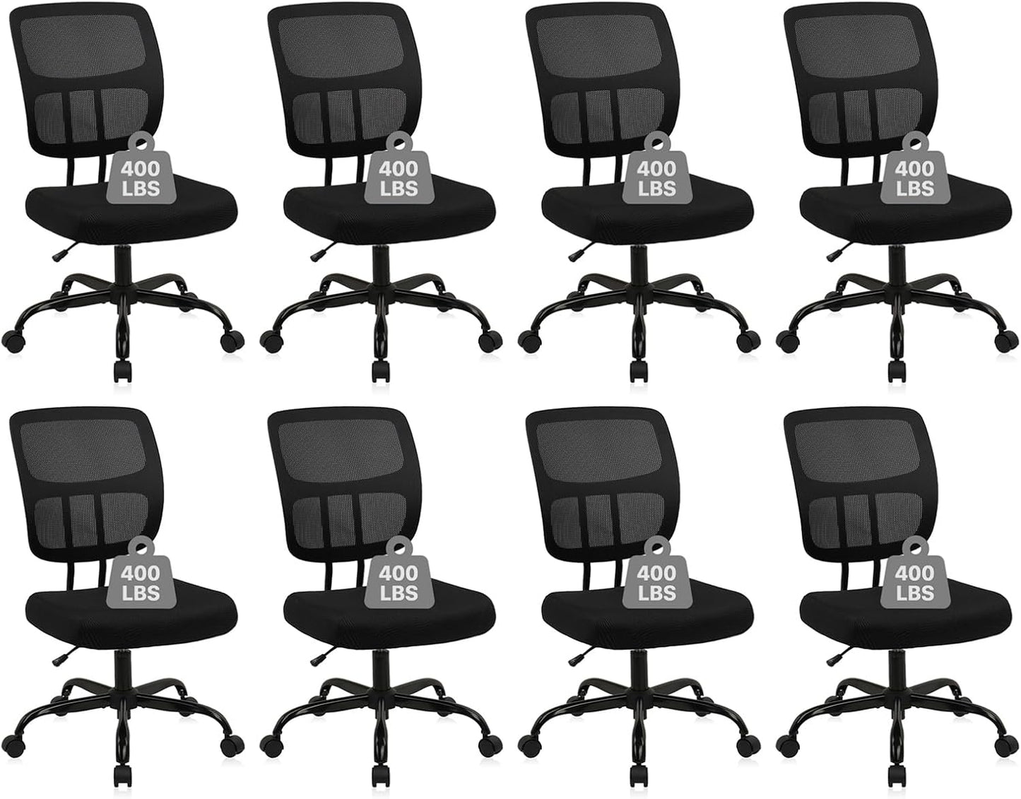 CLATINA Armless Home Office Chair,Small PU Leather Ergonomic Low Back Desk Chair with Lumbar Support and Wheels, Adjustable Height 360° Swivel Rolling Computer Task Chair, Black, 8 Pack