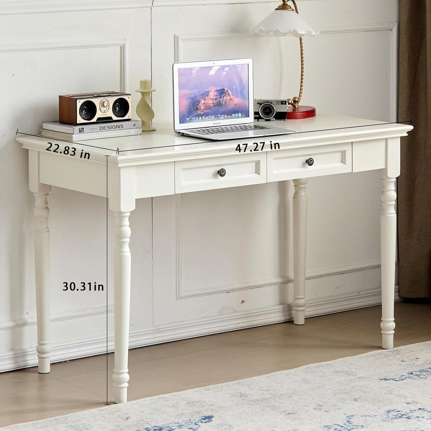 ADORZ White Desk with Drawers, 47 Inch Home Office Desks Solid Wood Writing Desk for Home Office, Study Workspace or Bedroom
