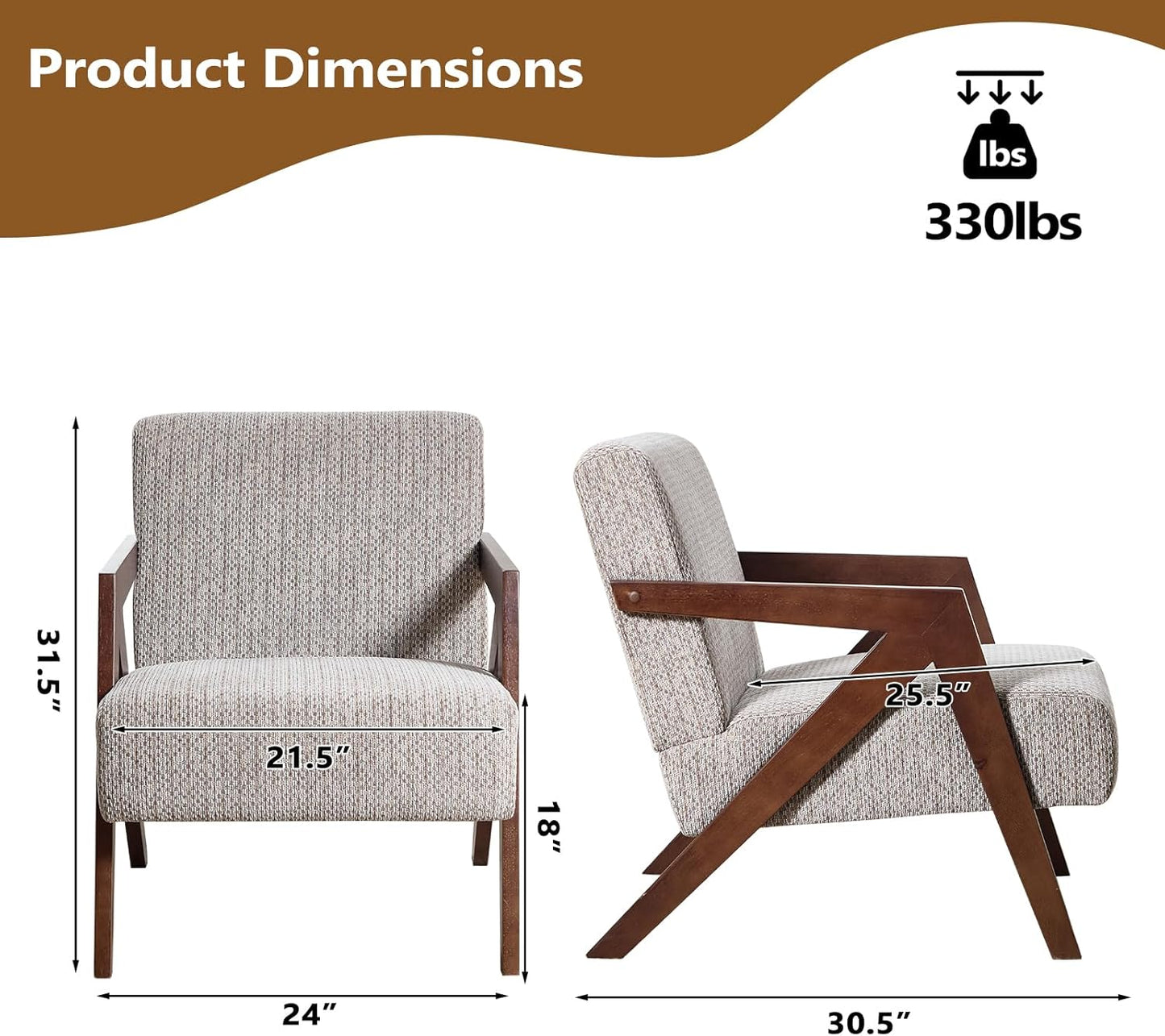 Bonzy Home Mid-Century Modern Accent Chair Set of 2 with Solid Wood Frame, Upholstered Armchair for Bedroom & Living Room,Reading Side Chair with Soft Lien Fabric Cushion,Easy Assembly,Beige