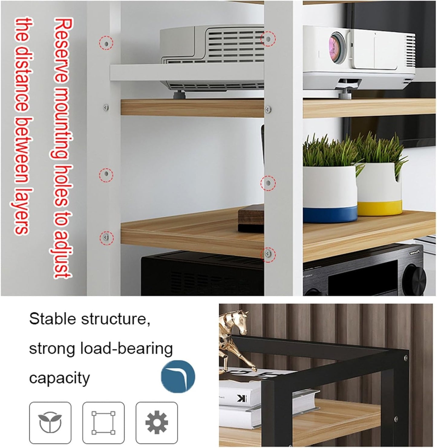 5-Tier Movable Audio/Video Media Stand Center CD Player Stand Stereo Component Storage Cabinet Audio Tower with Height Adjustable Wooden Shelf for Home/Office/Theater,A