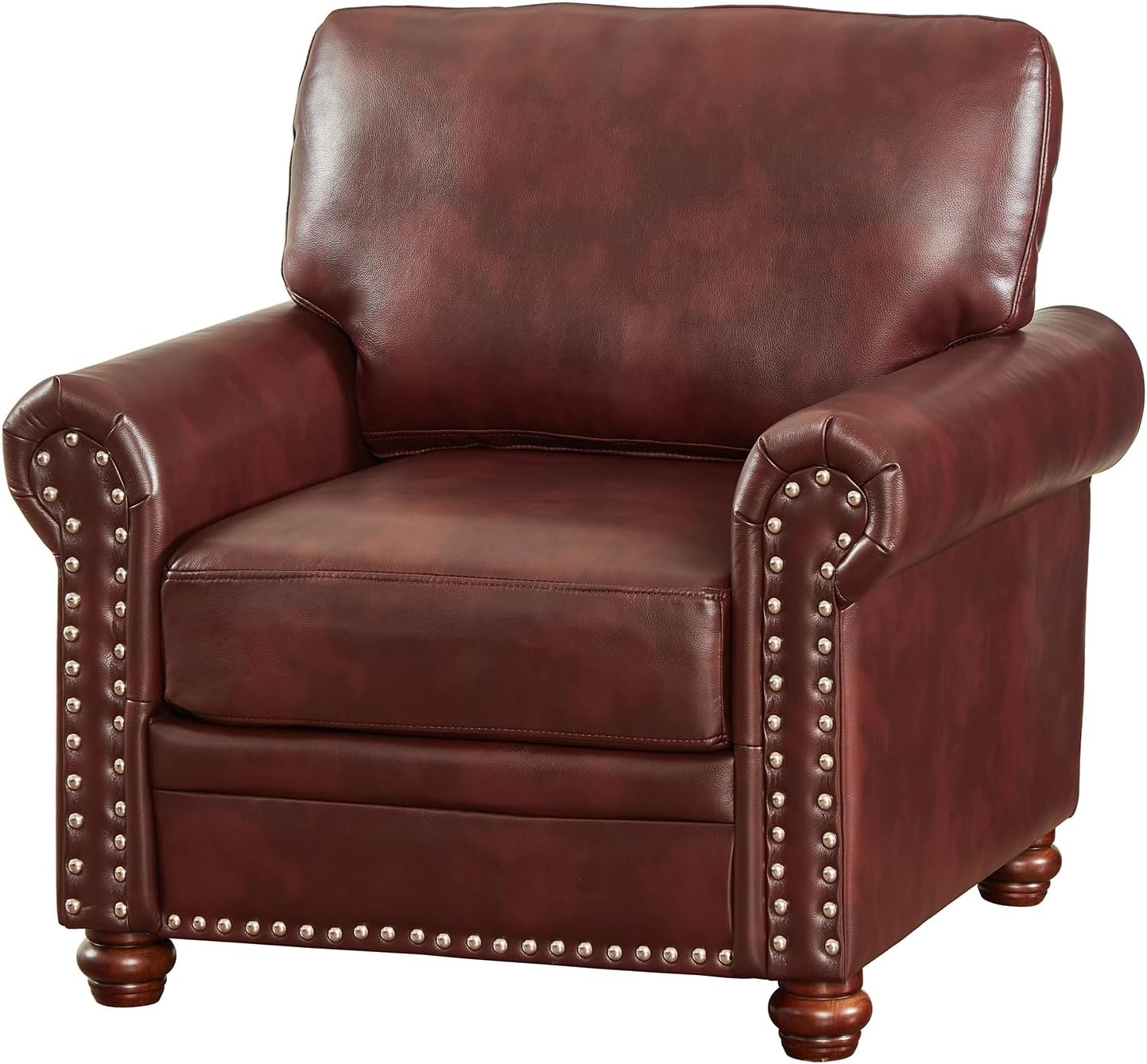 35" Faux Leather Pu Armchair Classic Vegan Leather Accent Chair Elegance Single Seat with Rolled Armrests Nailhead Trim Wood Legs Traditional Living Room 1 Seat-Burgundy