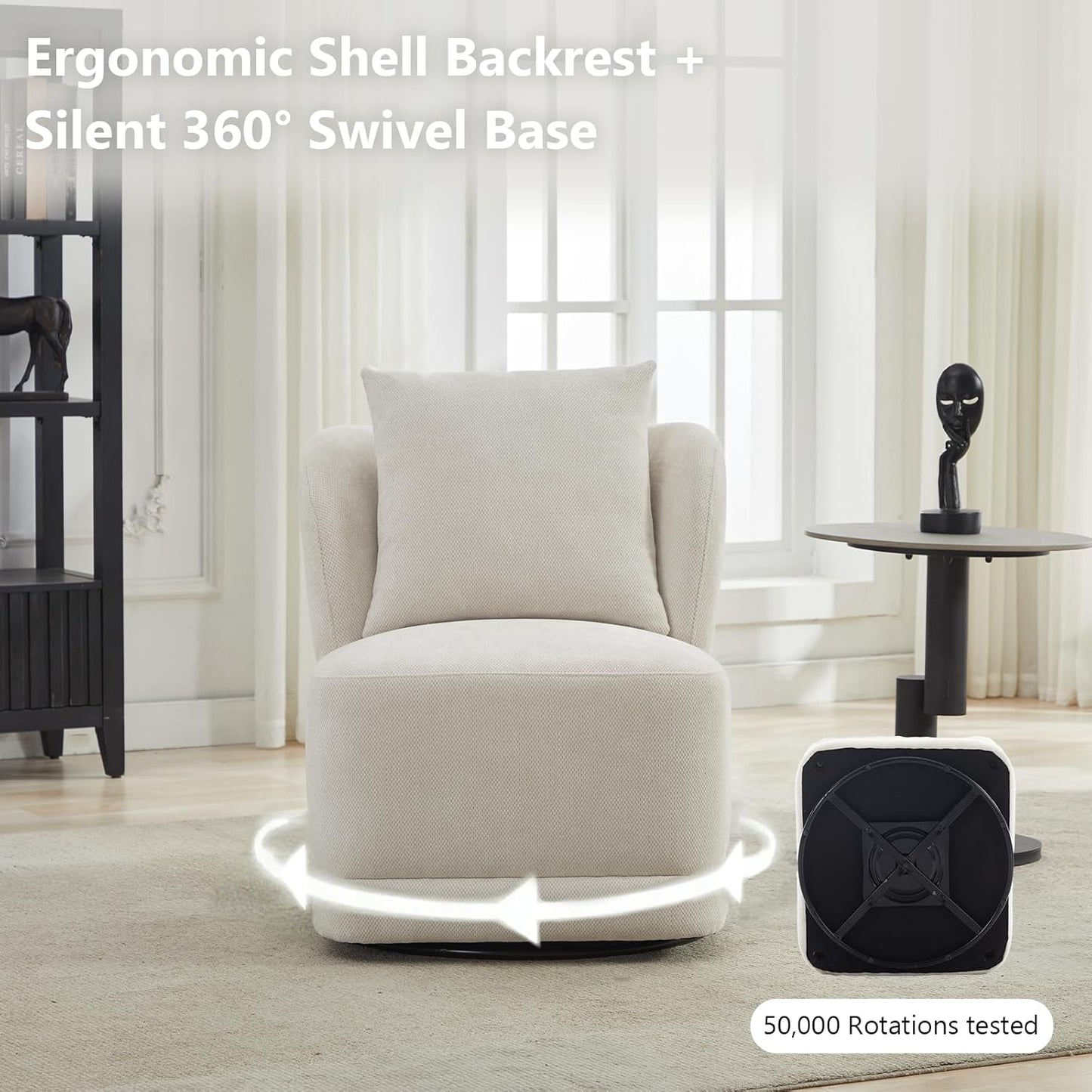 Swivel Accent Chair for Living Room,360° Rotating Barrel Chair with Square Back Pillow,Boucle Swivel Chair,Modern Linen Fabric Recliner for Adults,Cream White