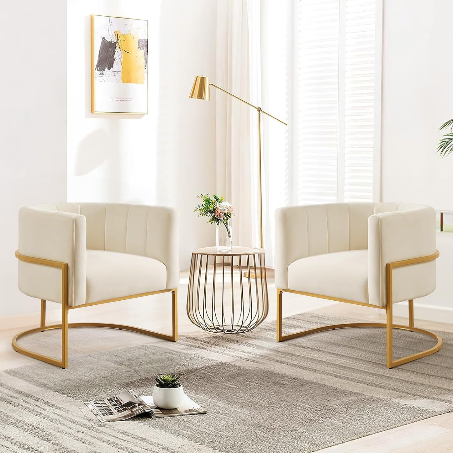 Velvet Accent Chairs, Mid Century Modern Upholstered Round Barrel Chair Metal Gold Stand Comfy Velvet Channel Tufting Armchair for Living Room, Bedroom, Office Easy Assemble (Navy Blue, Set of 2)