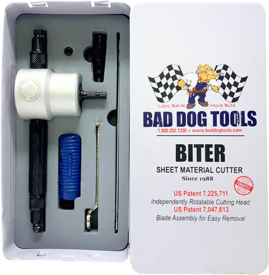 Bad Dog Long Dog Biter Kit - Dual Head Nibbler Drill Attachment w/ 4” Reach. Includes Two Patented Steerable Heads (2” & 4”) & a spare 2", HSS blades, Set Screw & Combo-Wrench.