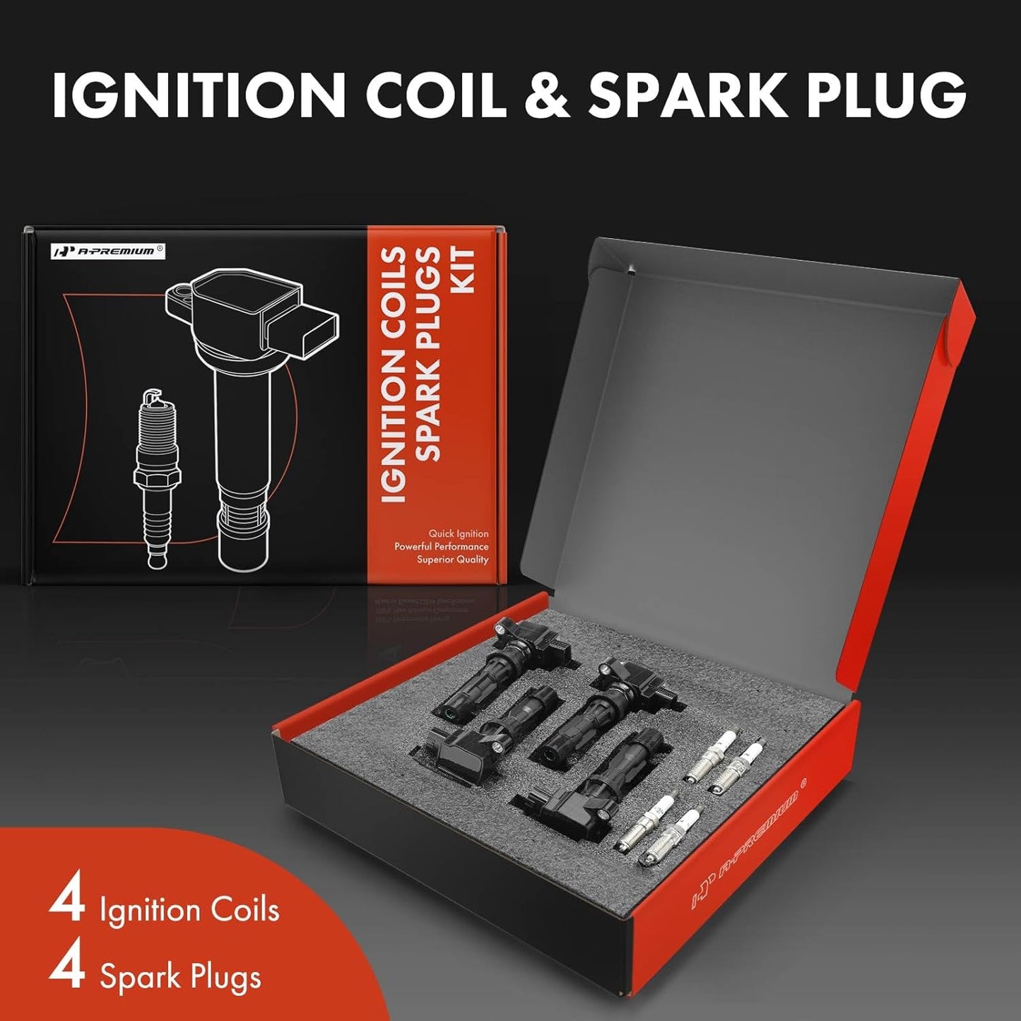 A-Premium Set of 4 Ignition Coil Pack and Iridium Spark Plugs Compatible with Mazda 3 2006-2013, 6 2006-2013, CX-7 2010-2012, 2.0L 2.3L 2.5L