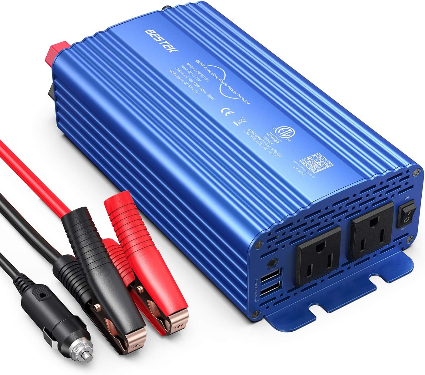 BESTEK 500W Pure Sine Wave Power Inverter DC 12V to AC(2 Outlets) 110V Car Charger Plug Inverter Adapter Converter with 4.2A Dual USB Charging Ports, ETL Listed