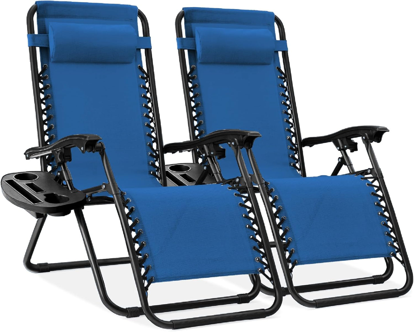 Best Choice Products Set of 2 Adjustable Steel Mesh Zero Gravity Lounge Chair Recliners w/Pillows and Cup Holder Trays - Black