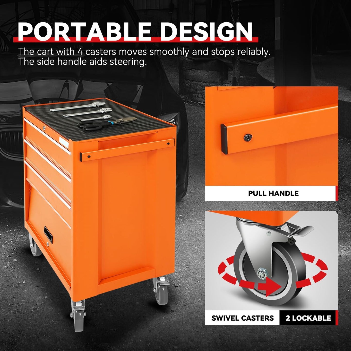 Auto Dynasty 3-Drawer Rolling Tool Cabinet, Roller Cart Tool Cabinet Storage Chest Box with Wheels and Key Lock for Garage Warehouse Workshop, Orange