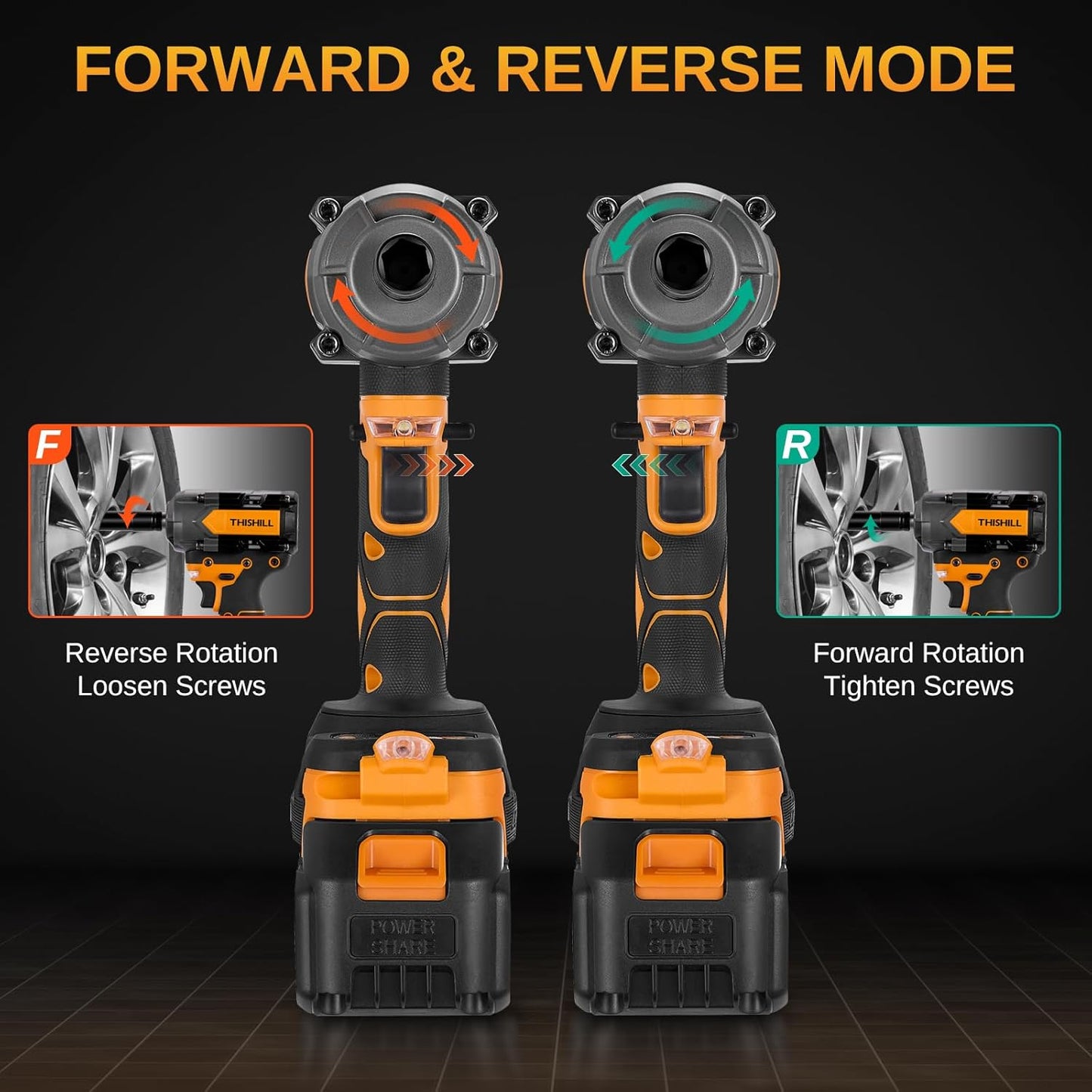 This Hill 45PCS Cordless Impact Wrench,600Nm(443Ft-lbs),1/2 Inch Brushless lmpact Driver Set,w/Two 4.0Ah Battery,17 Sockets,High Torque Power Impact Gun for Car Home