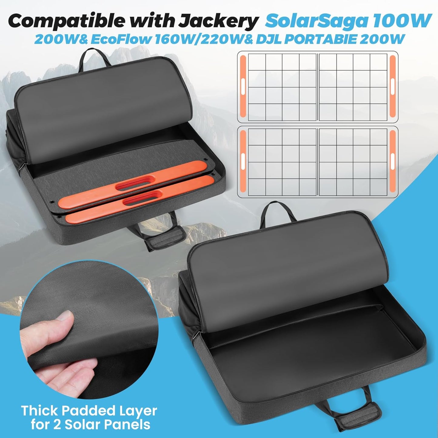 Travel Carrying Case Compatible with Jackery& BLUETTI& Anker 100W 200W and GRECELL Solar Generator 100W 200W&200W Pro, Solar Panel Storage Bag, Padded Carrying Case for 2 Panels with Multiple Pocket